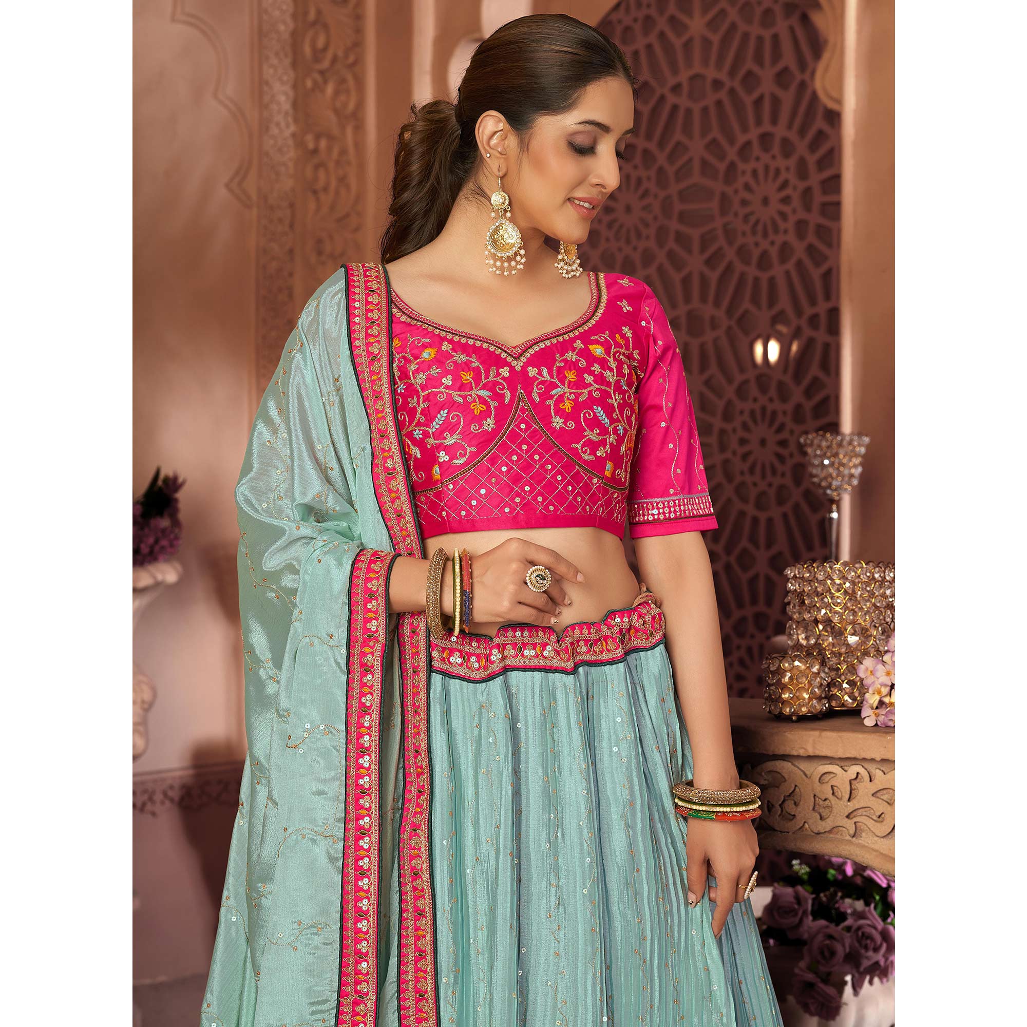 Sky Blue Sequins Embroidered Chiffon Lehenga Choli