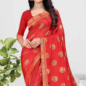 Red Foil Printed Chiffon Saree