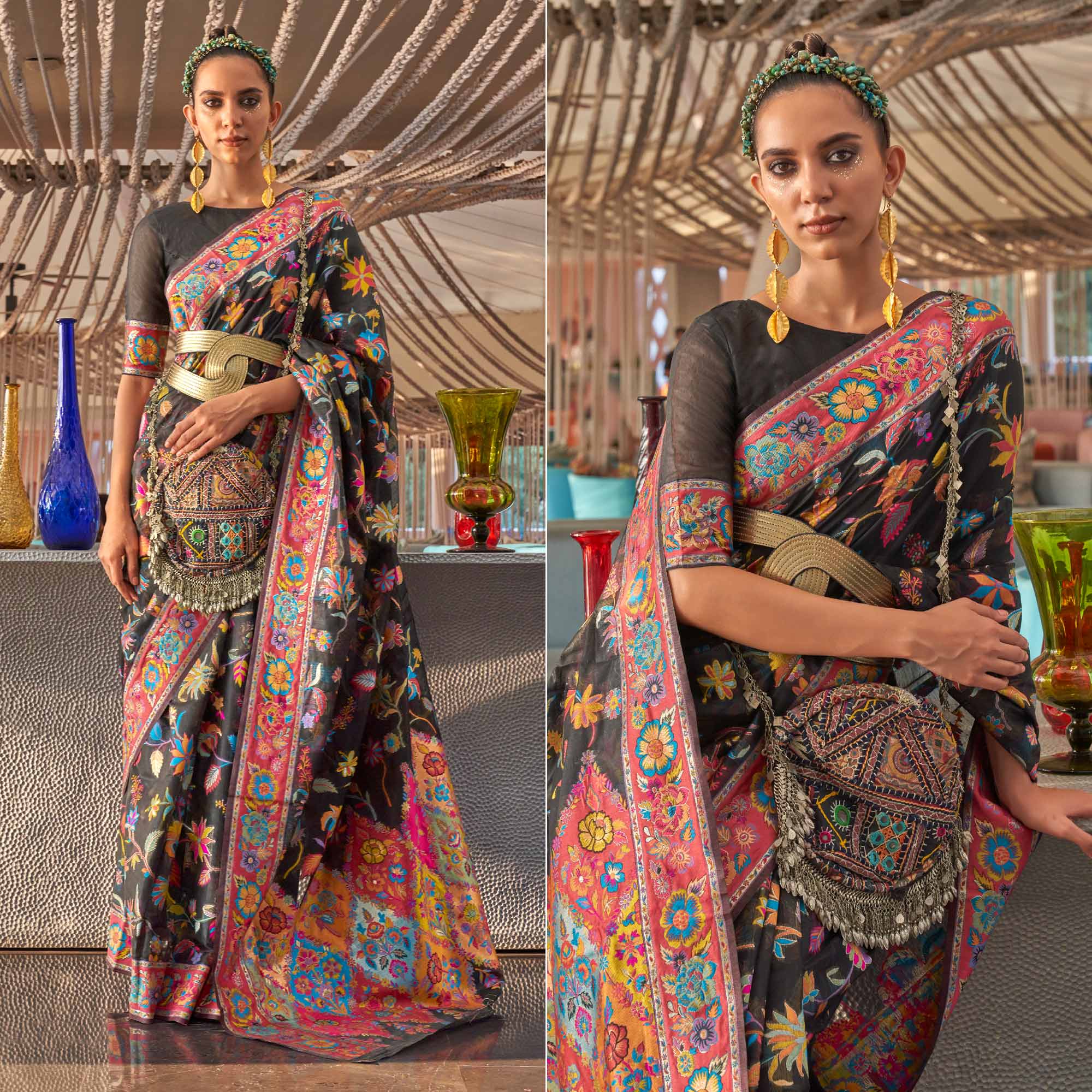 Black Floral Woven Modal Saree