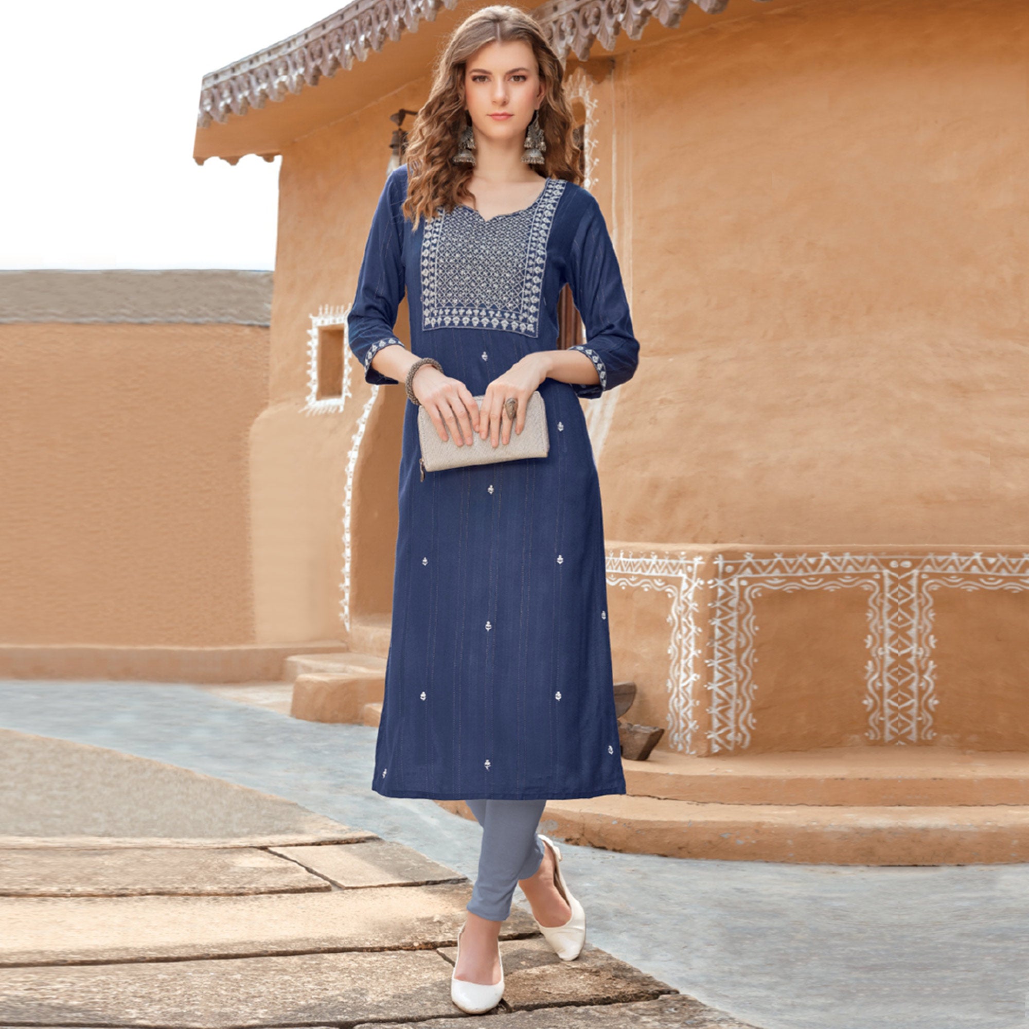 Blue Floral Embroidered Rayon Kurti