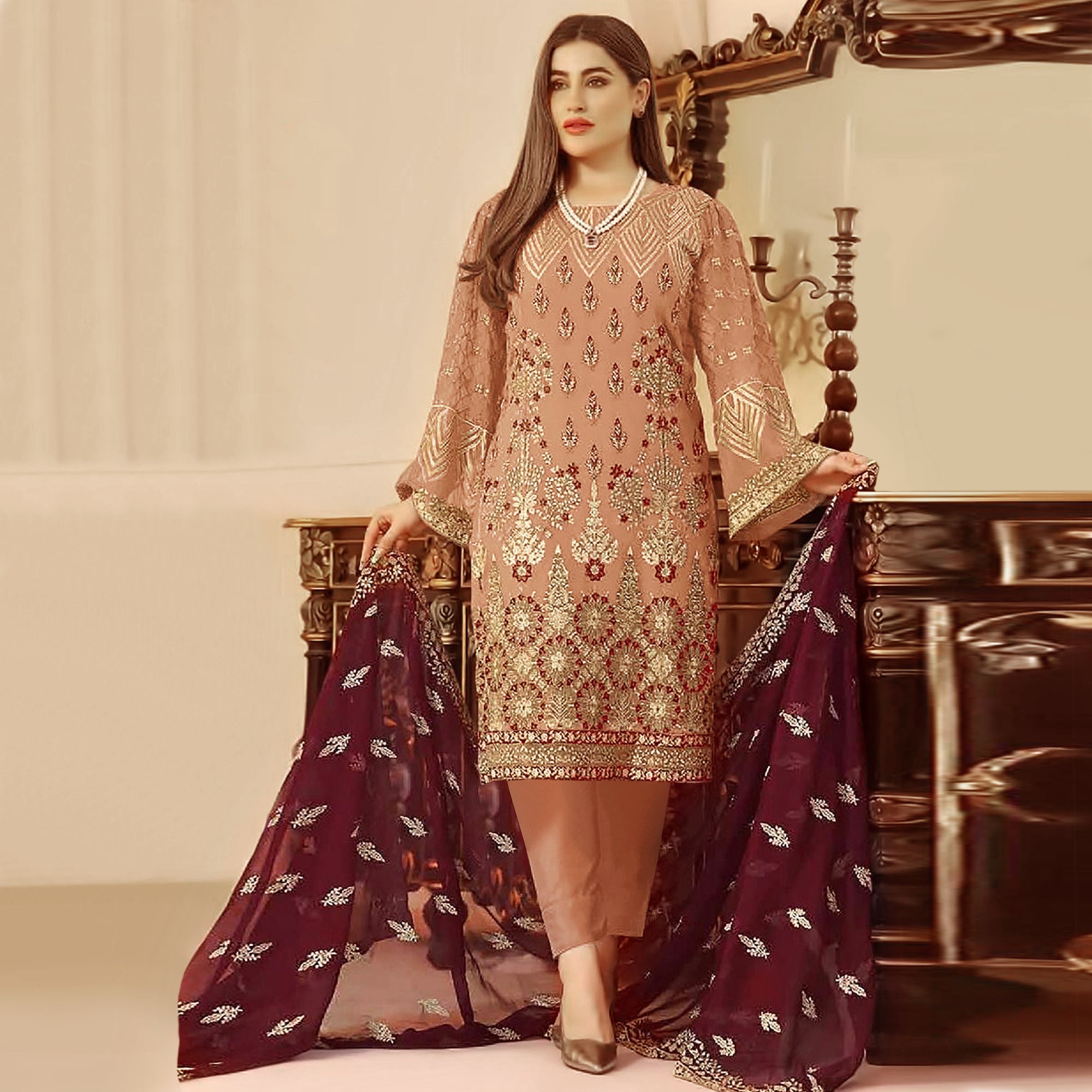 Peach Sequins Embroidered Georgette Pakistani Suit