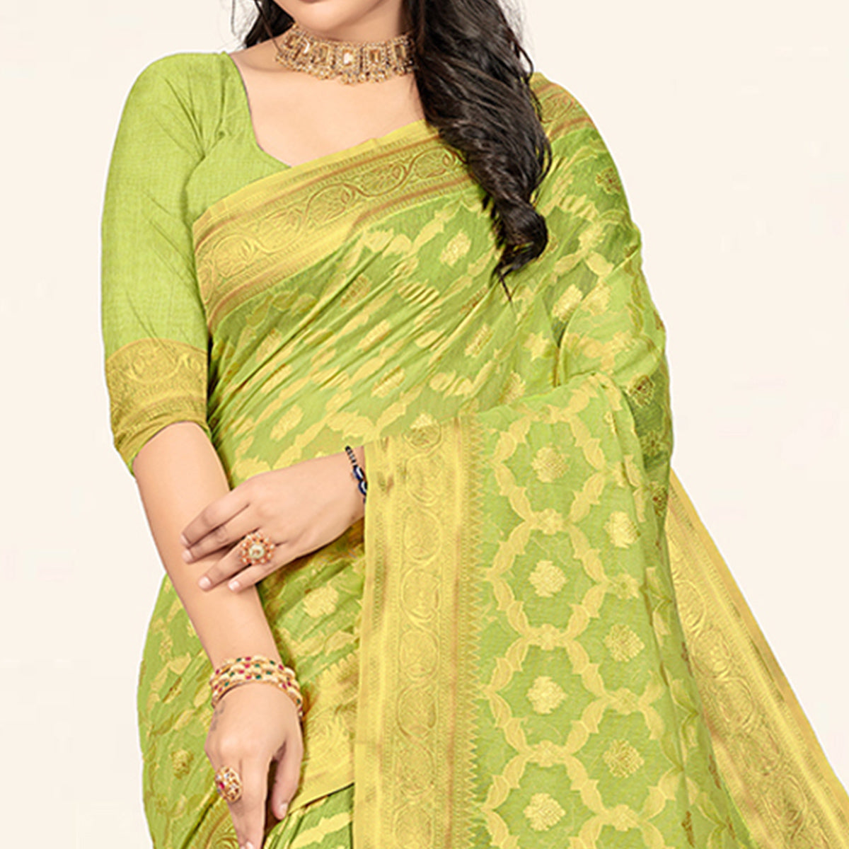 Pista Green Woven Cotton Saree With Tassels