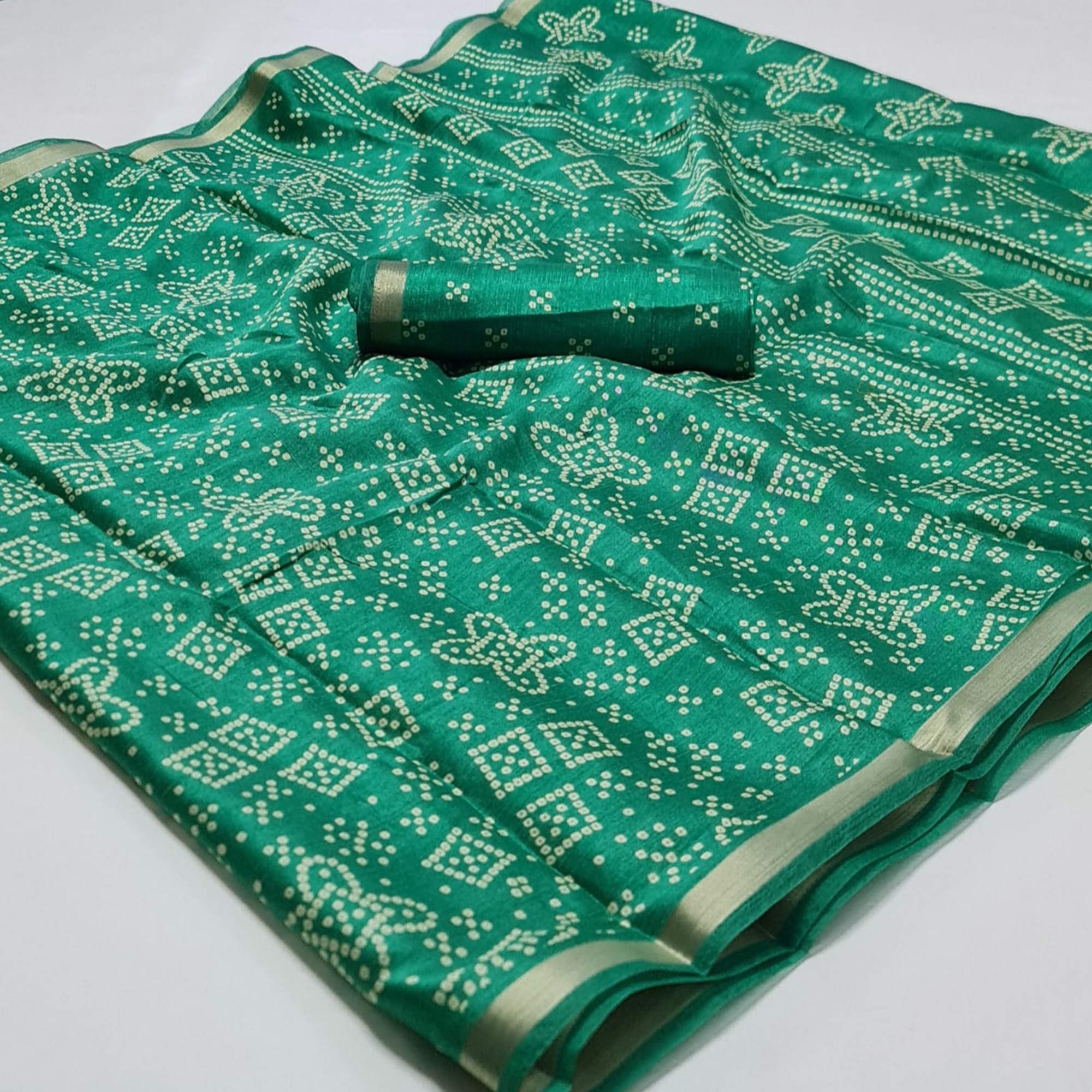 Green Bandhani Printed Art Silk Saree