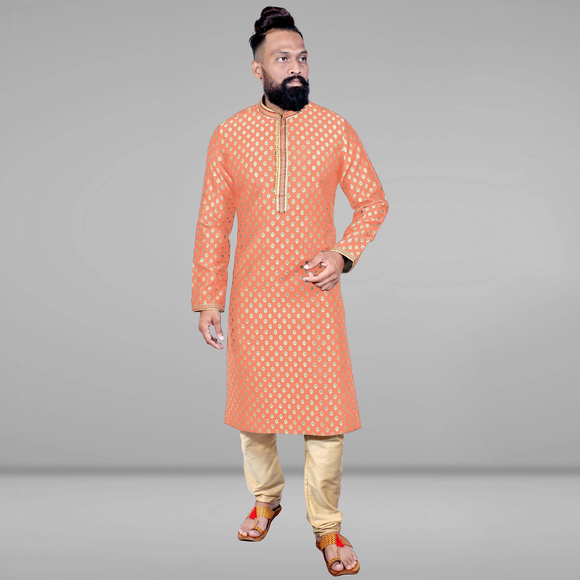Peach Woven Jacquard Kurta Pyjama Set