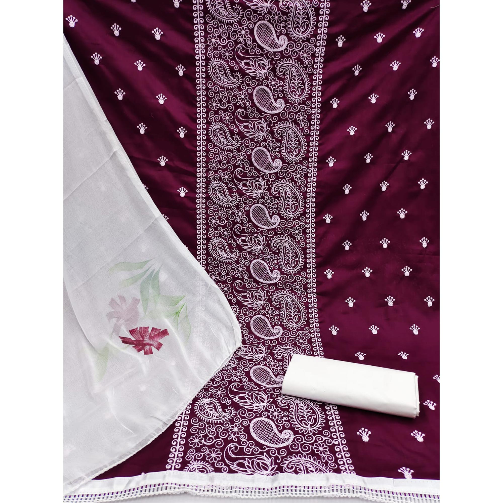 Wine Embroidered Cotton Blend Dress Material