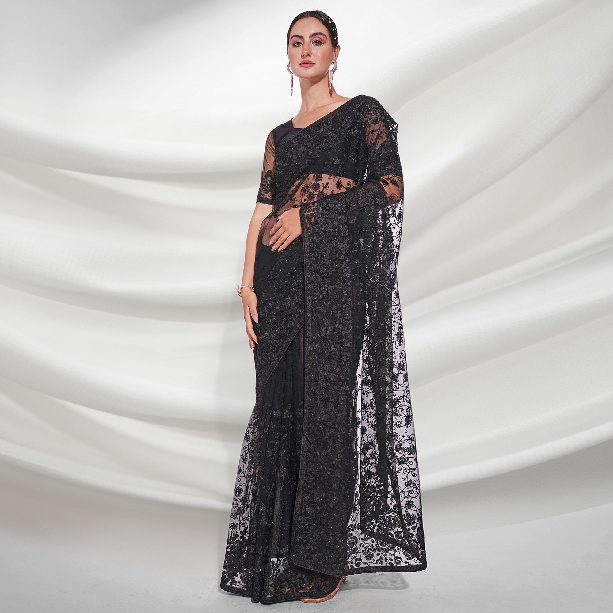 Black Floral Embroidered Net Saree