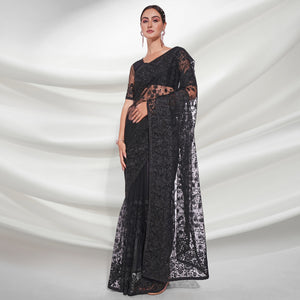 Black Floral Embroidered Net Saree