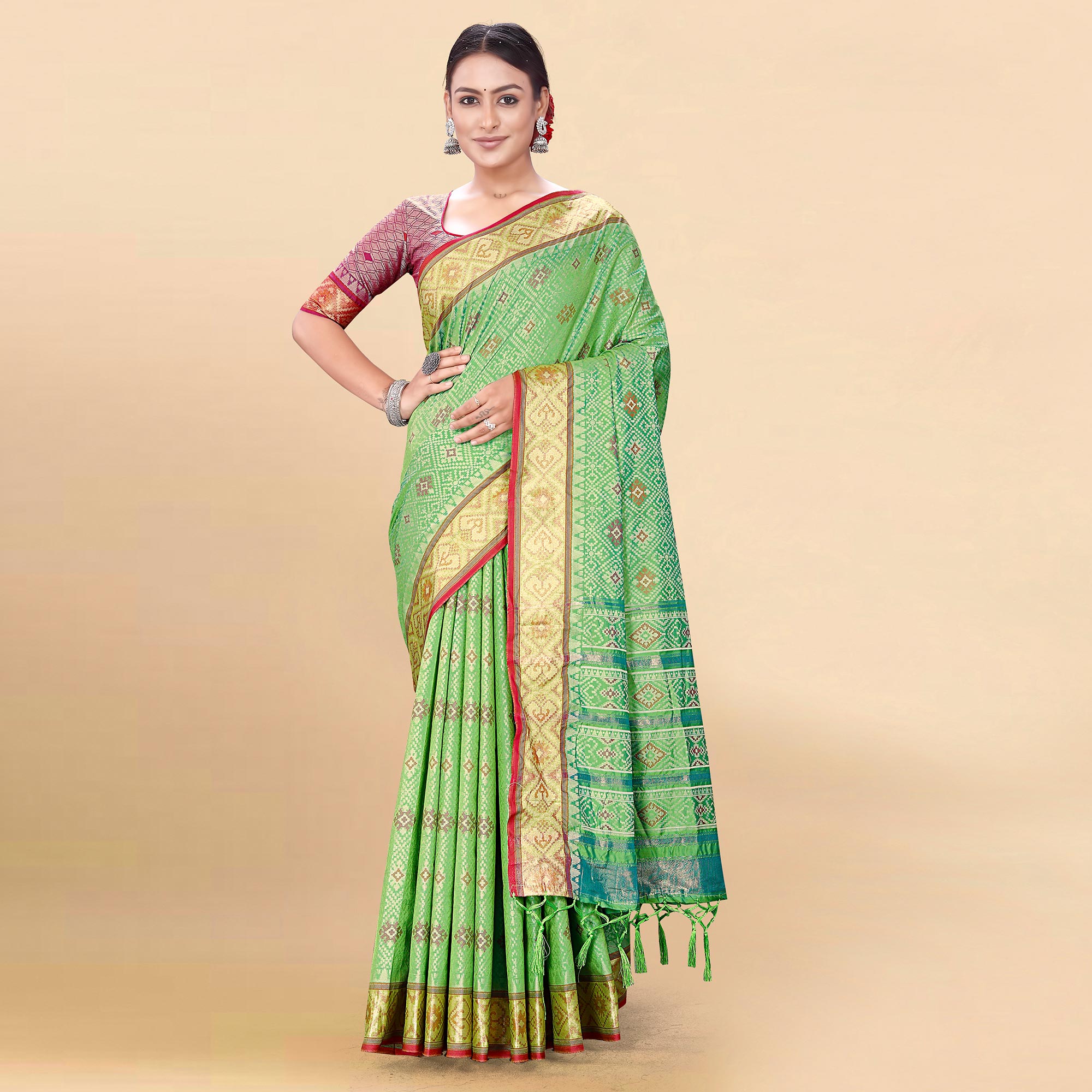 Green Woven Patola Art Silk Saree With Tassels