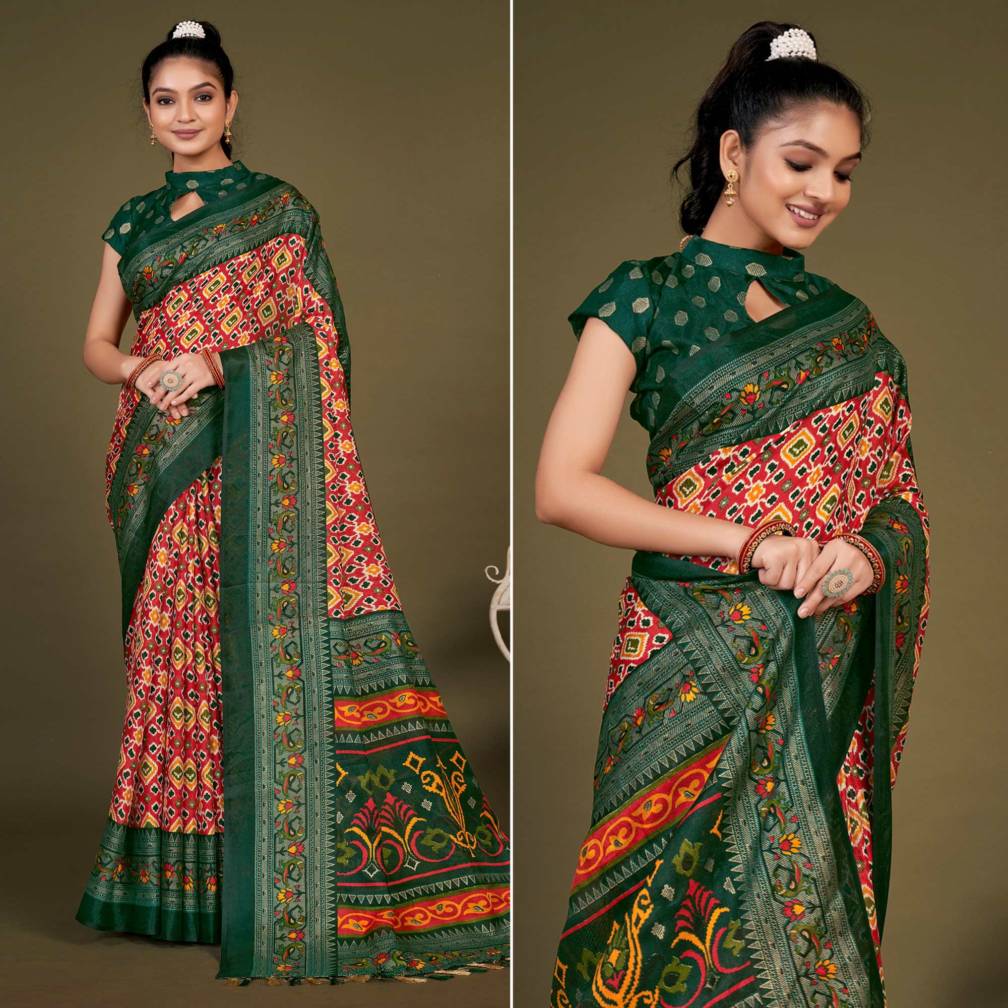 Red Printed Jute Patola Saree With Tassels