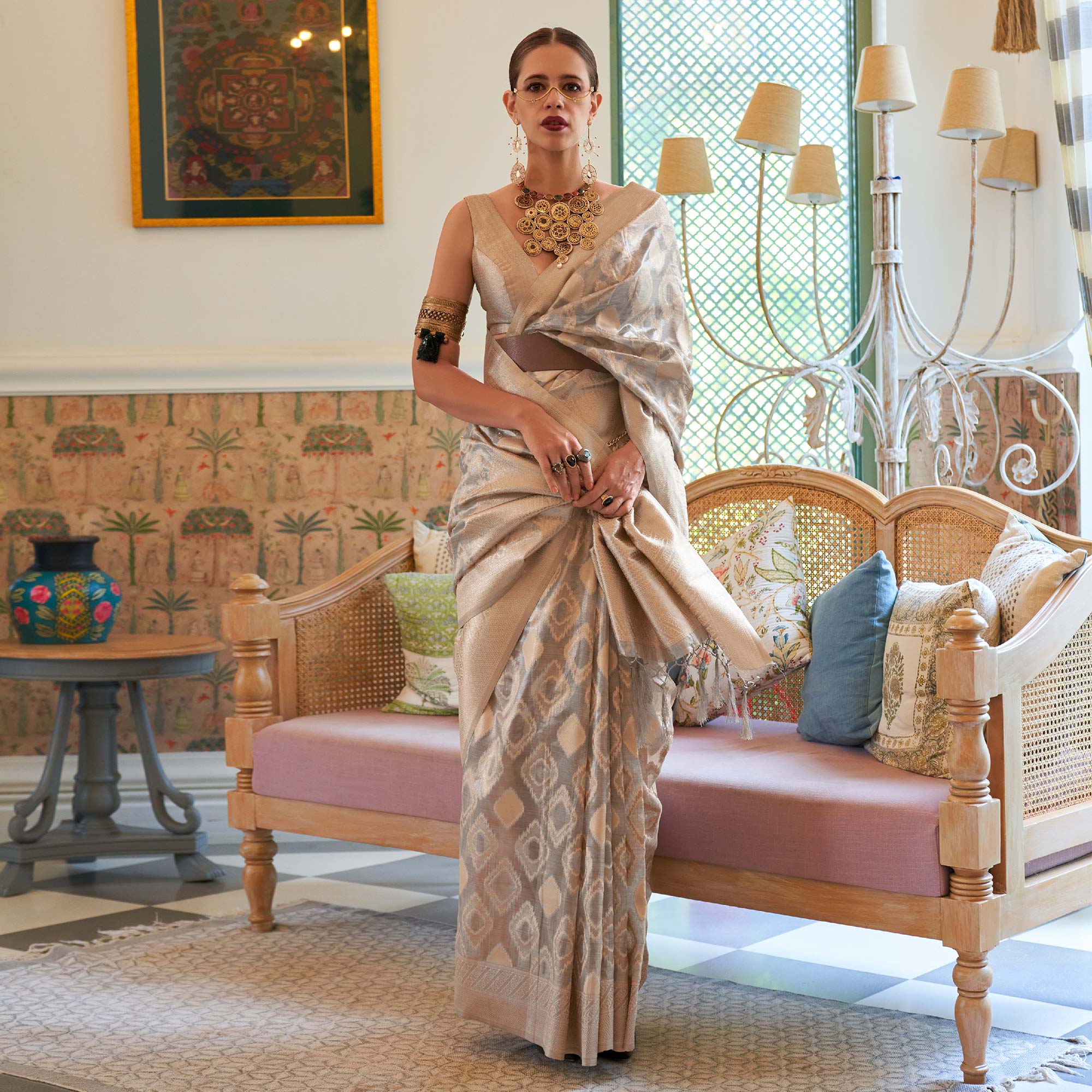 Grey Woven Art Silk Saree With Tassels