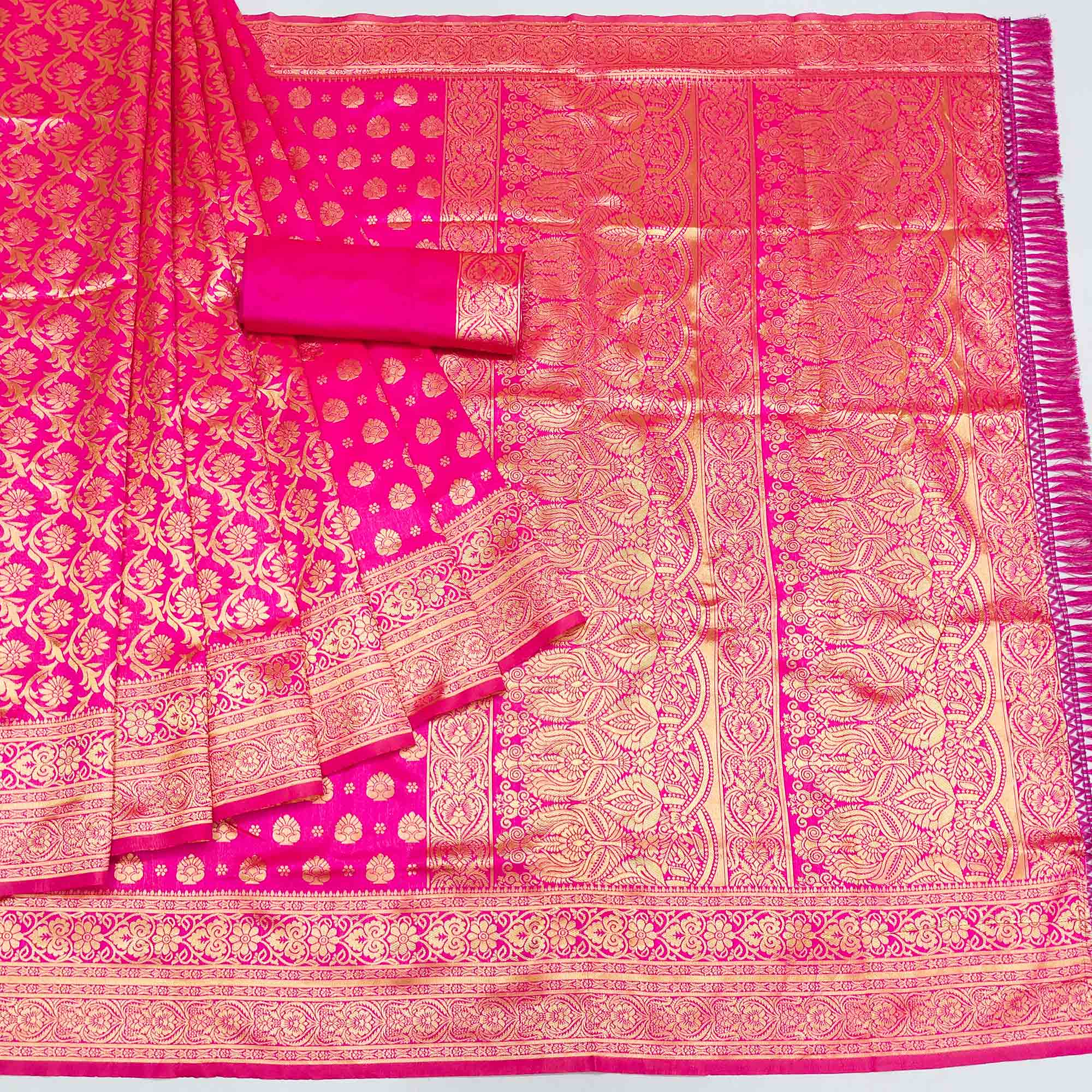 Magenta Pink Woven Jacquard Saree With Tassels