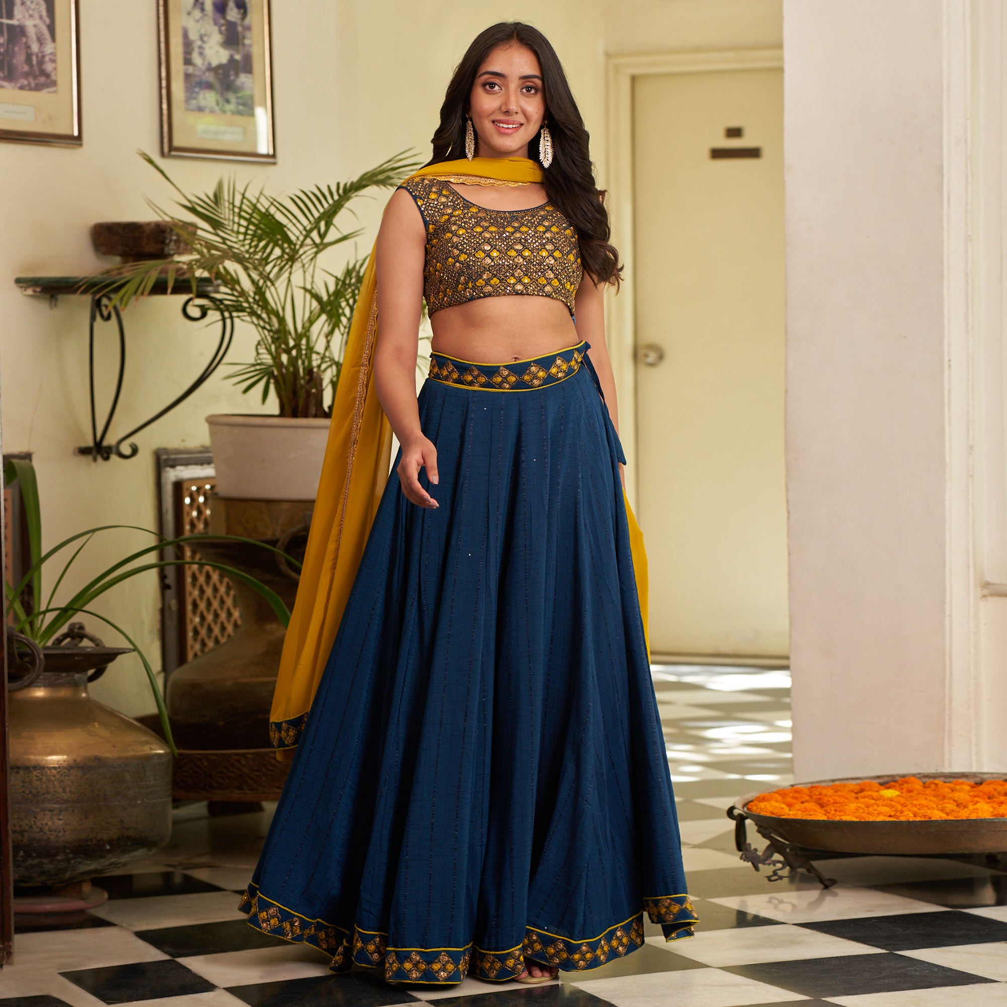 Blue Sequins Embroidered Chanderi Lehenga Choli