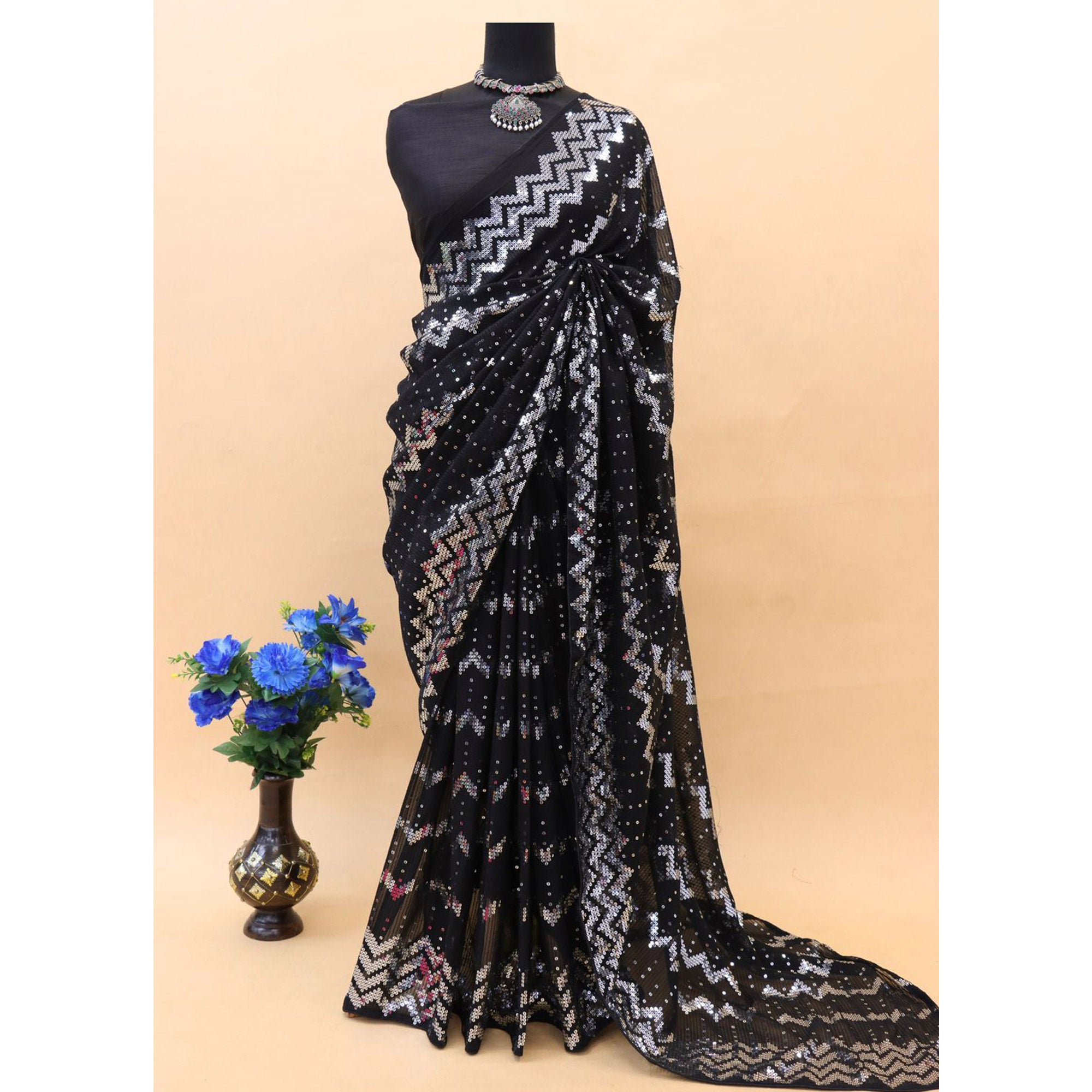 Black Sequins Embroidered Georgette Saree