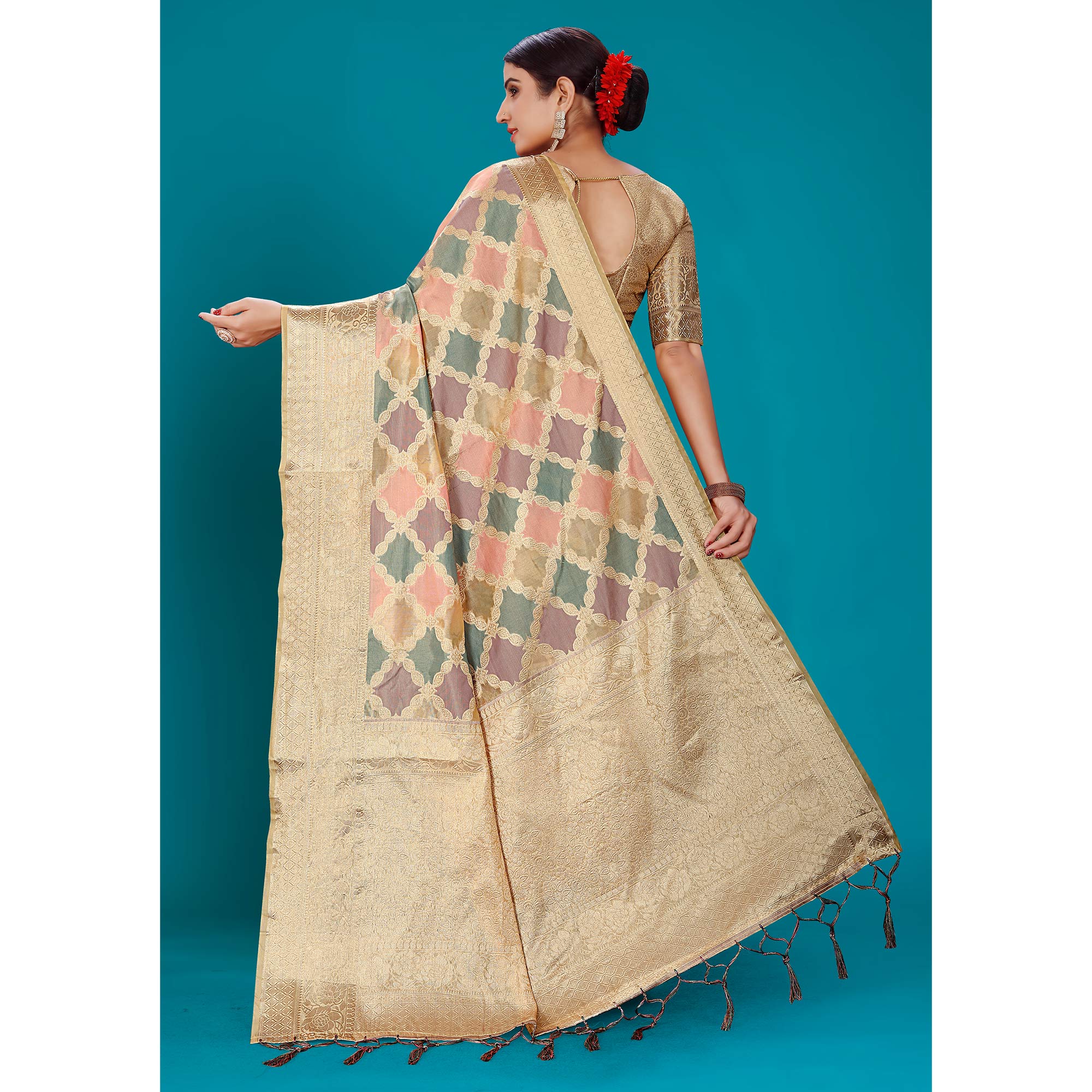 Multicolor Woven Organza Saree With Tassels