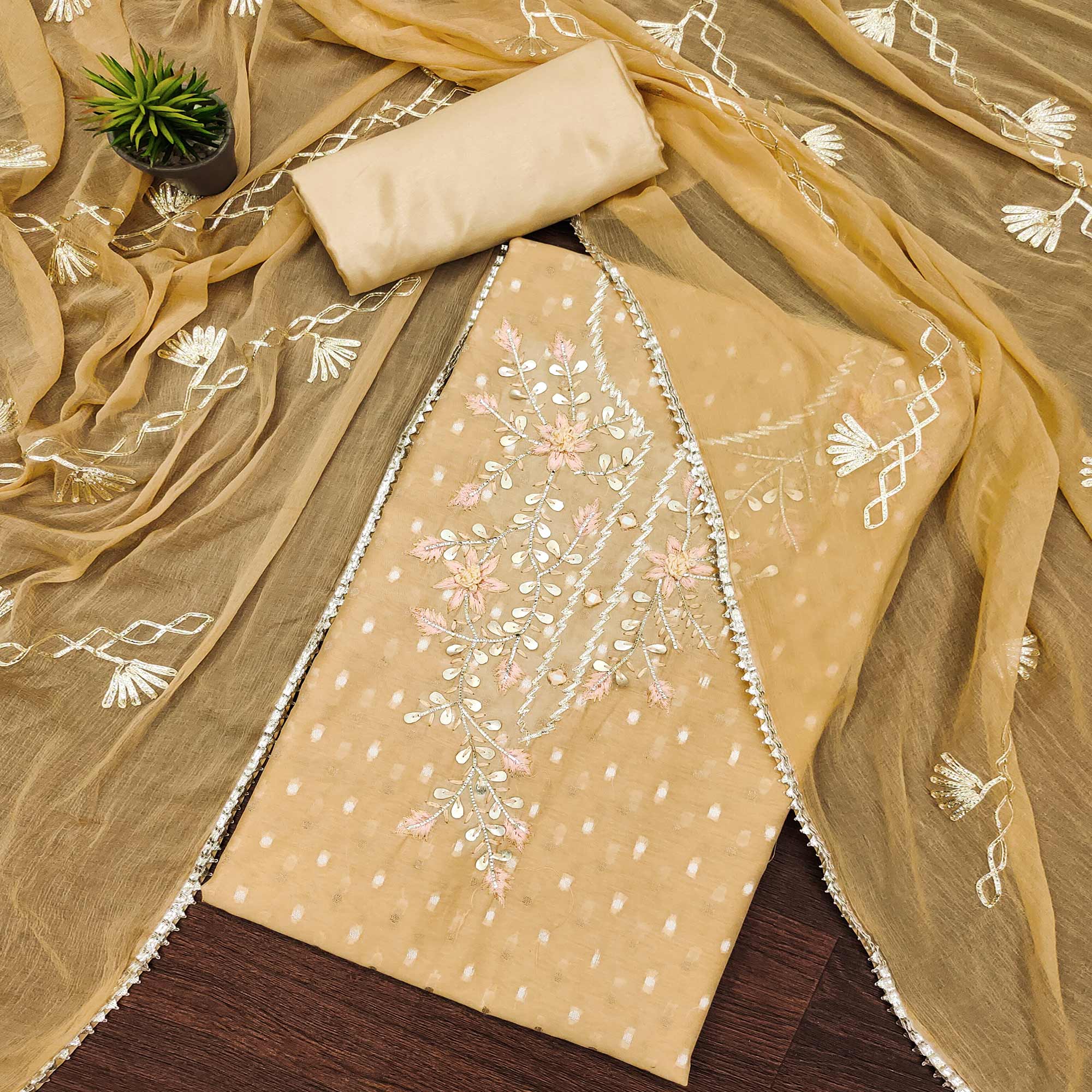 Chikoo Woven Chanderi Dress Material