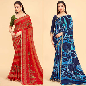 Red And Blue Printed Art Silk Saree Pack Of 2