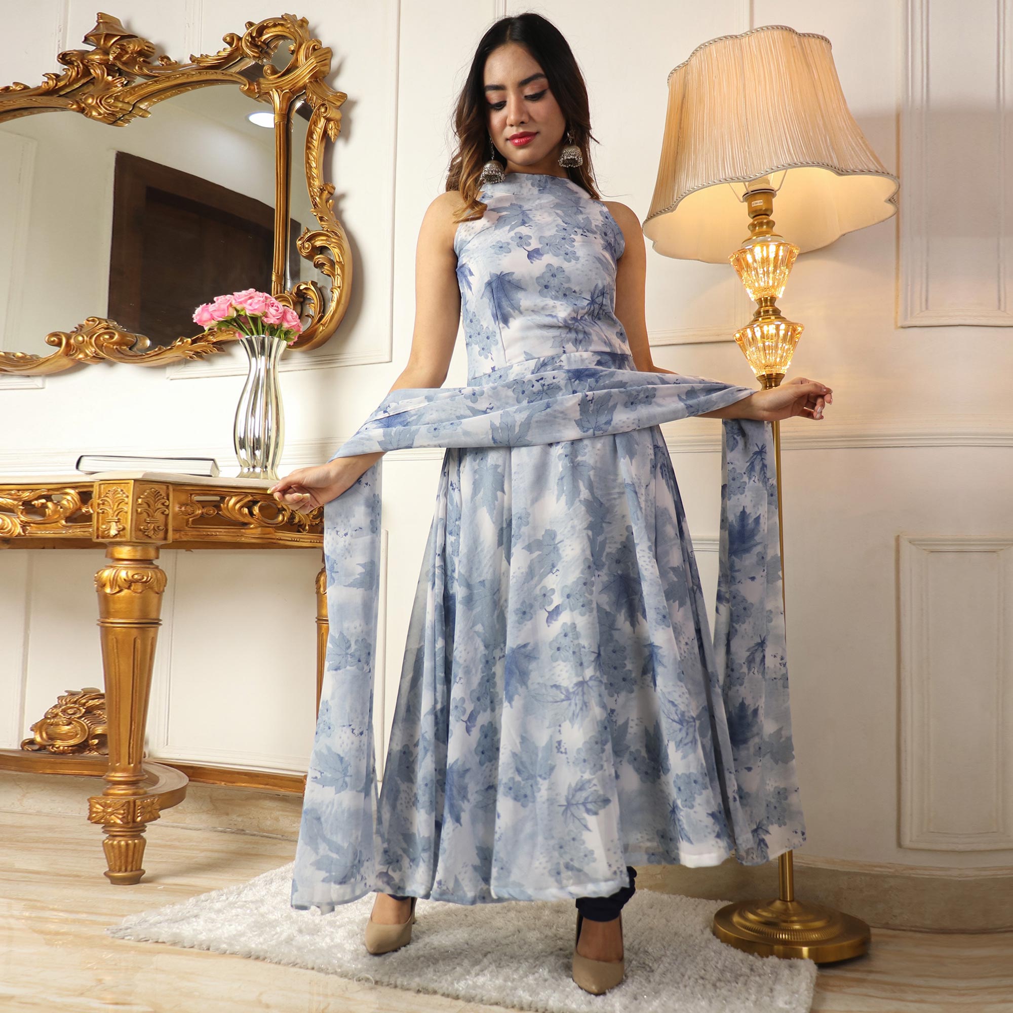 Blue Floral Printed Georgette Anarkali Suit