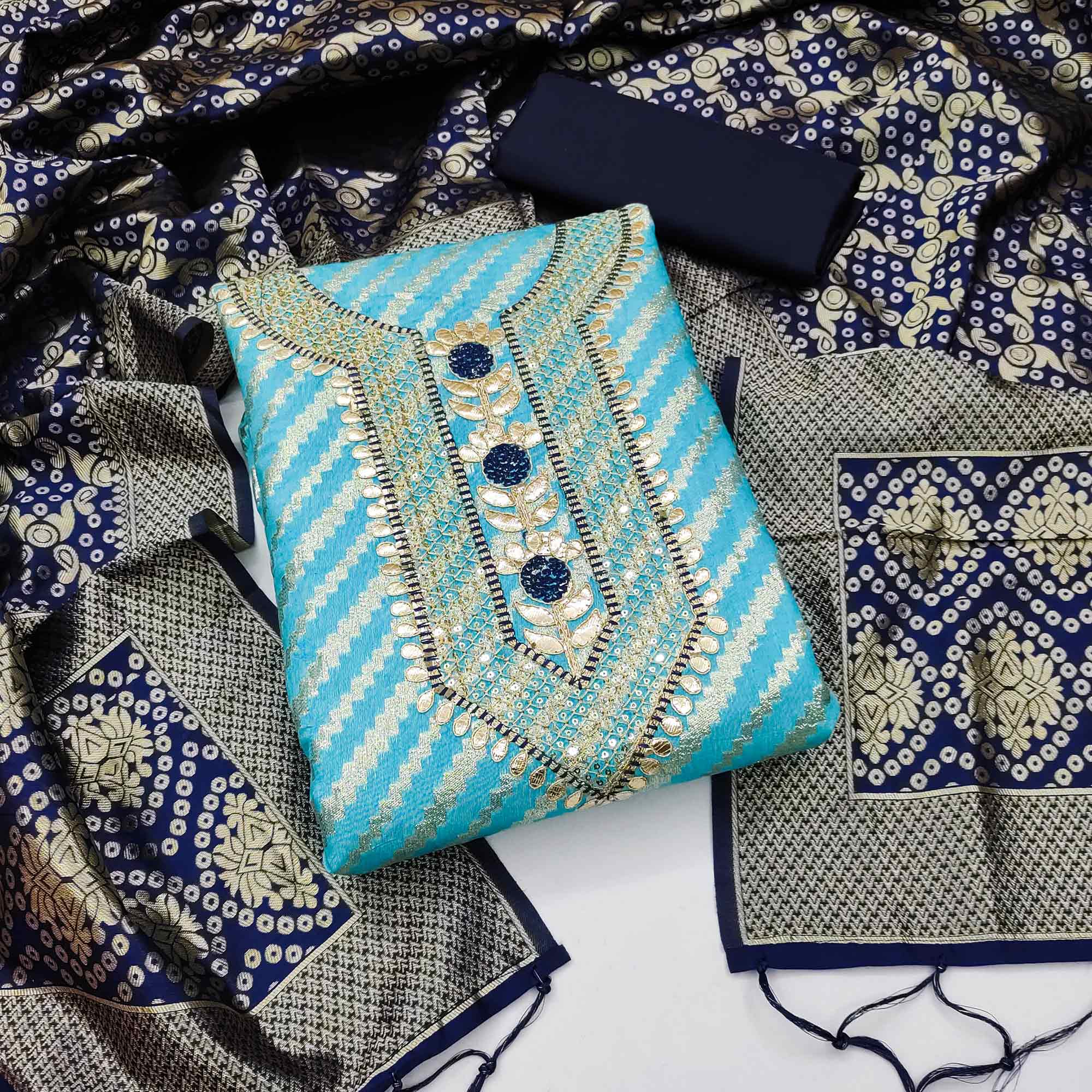 Sky Blue Woven With Embroidered Chanderi Dress Material