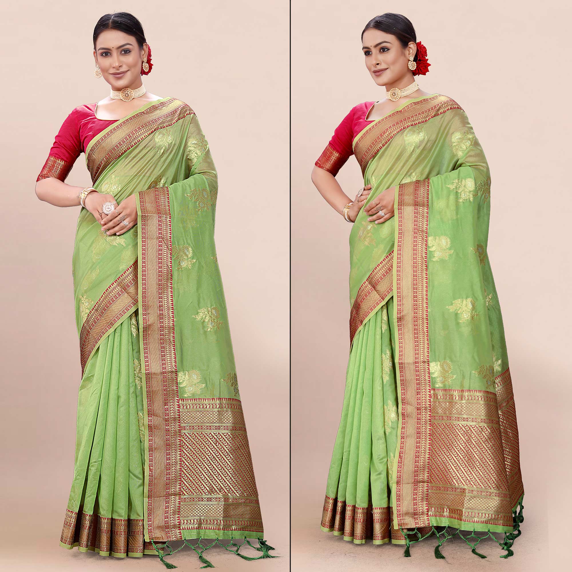 Green Woven Organza Saree With Tassels