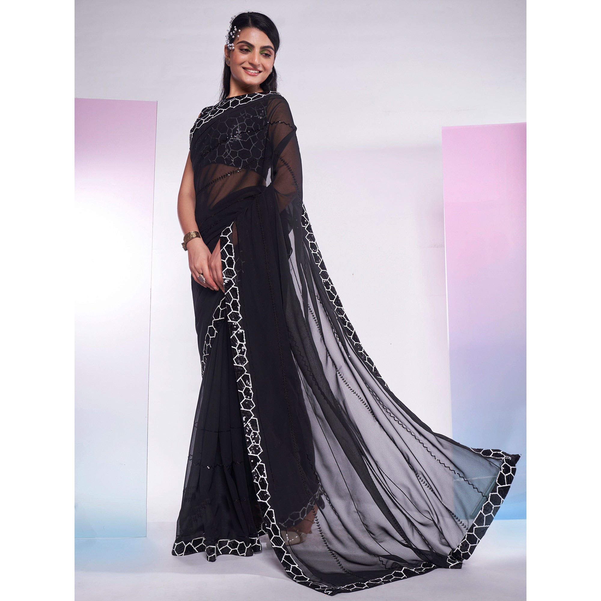 Black Sequins Embroidered Georgette Saree