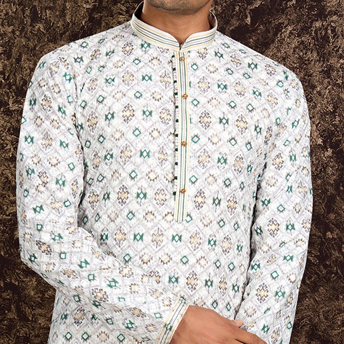 White Lucknowi And Digital Printed Cotton Kurta Pyjama Set
