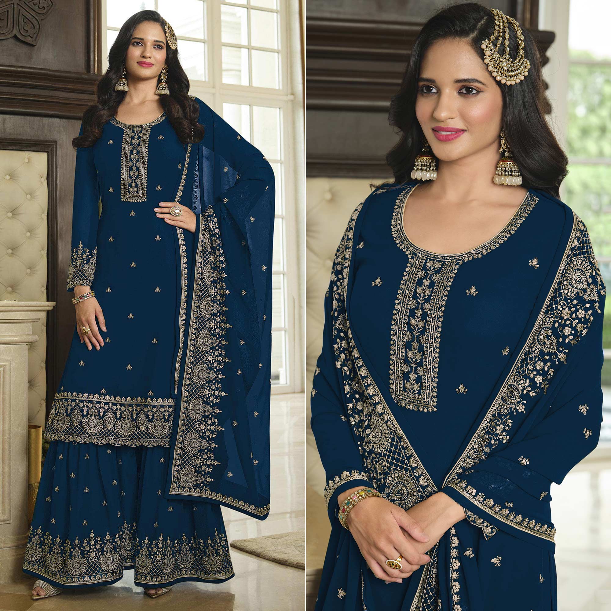 Blue Floral Embroidered Georgette Sharara Suit