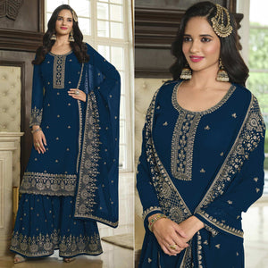 Blue Floral Embroidered Georgette Sharara Suit
