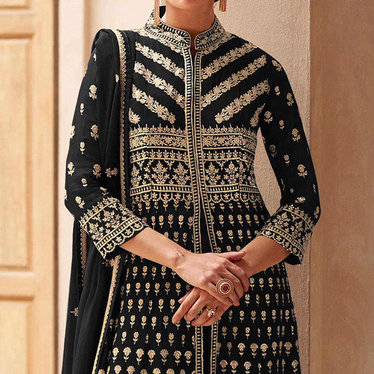 Black Floral Embroidered Georgette Palazzo Suit
