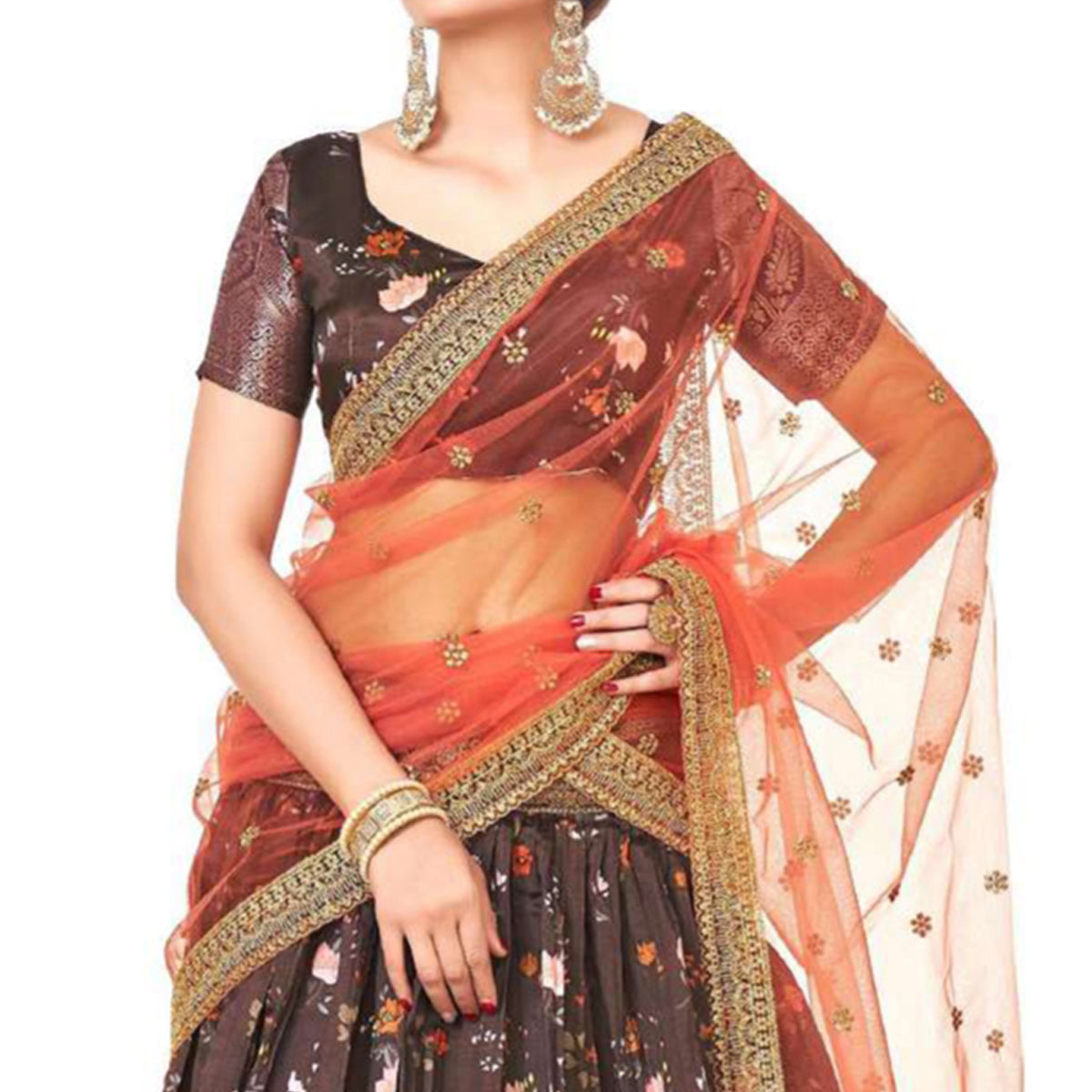 Brown Digital Printed With Zari Work Art Silk Lehenga Choli