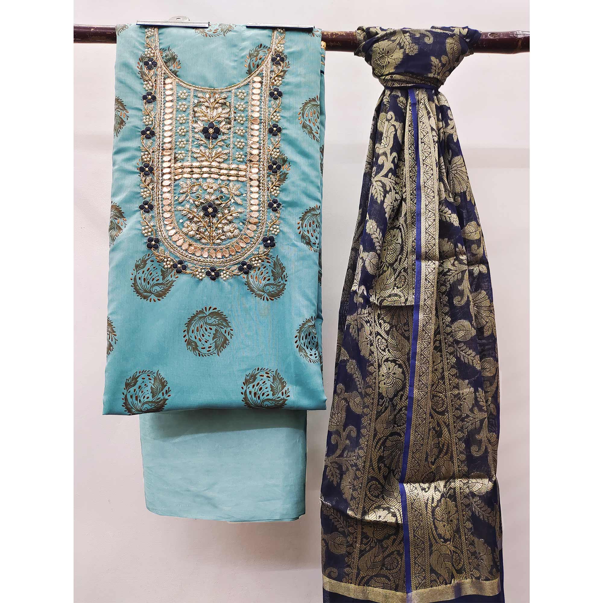 Sky Blue Floral Printed With Handwork Modal Dress Material