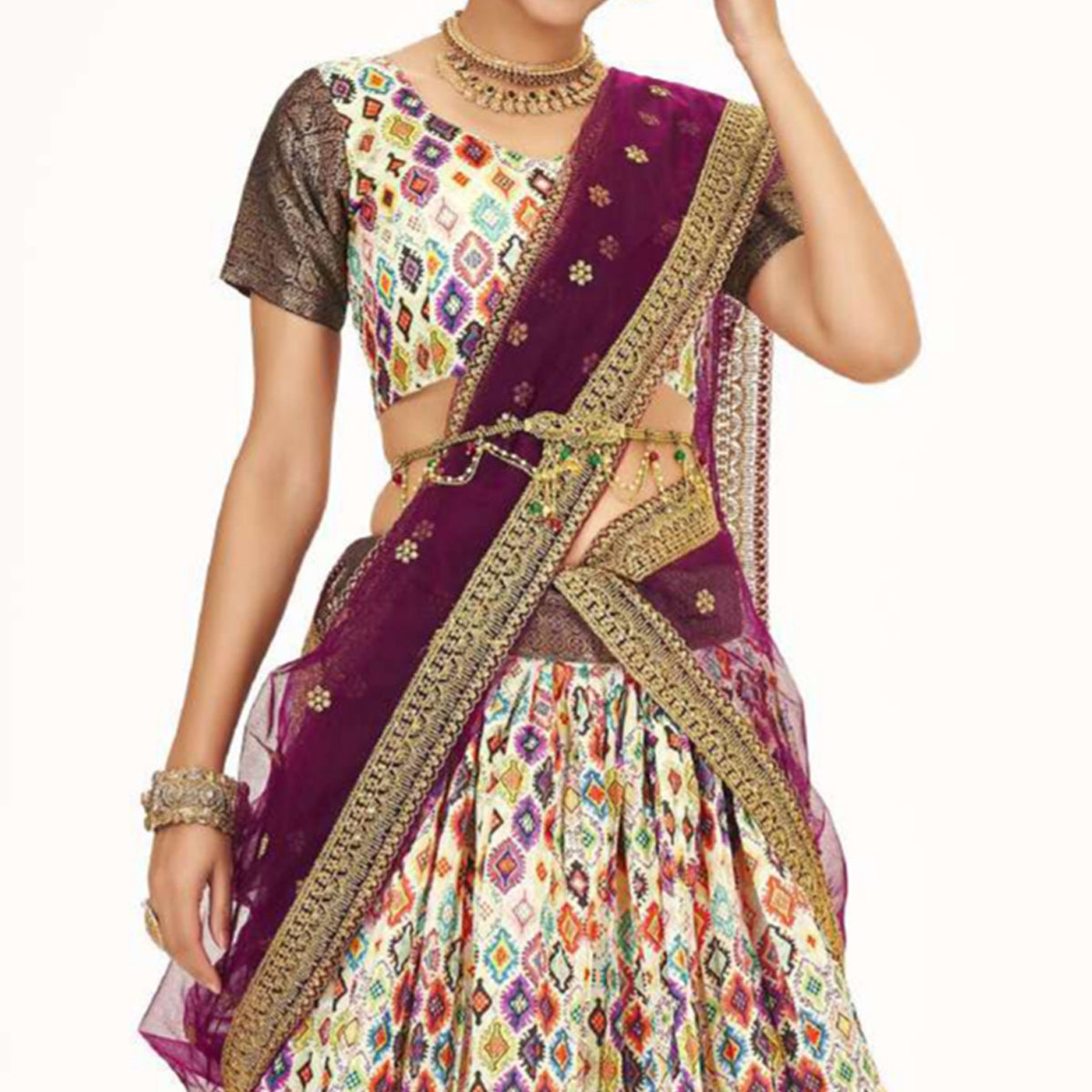 Light Lime Yellow Digital Printed With Zari Work Art Silk Lehenga Choli