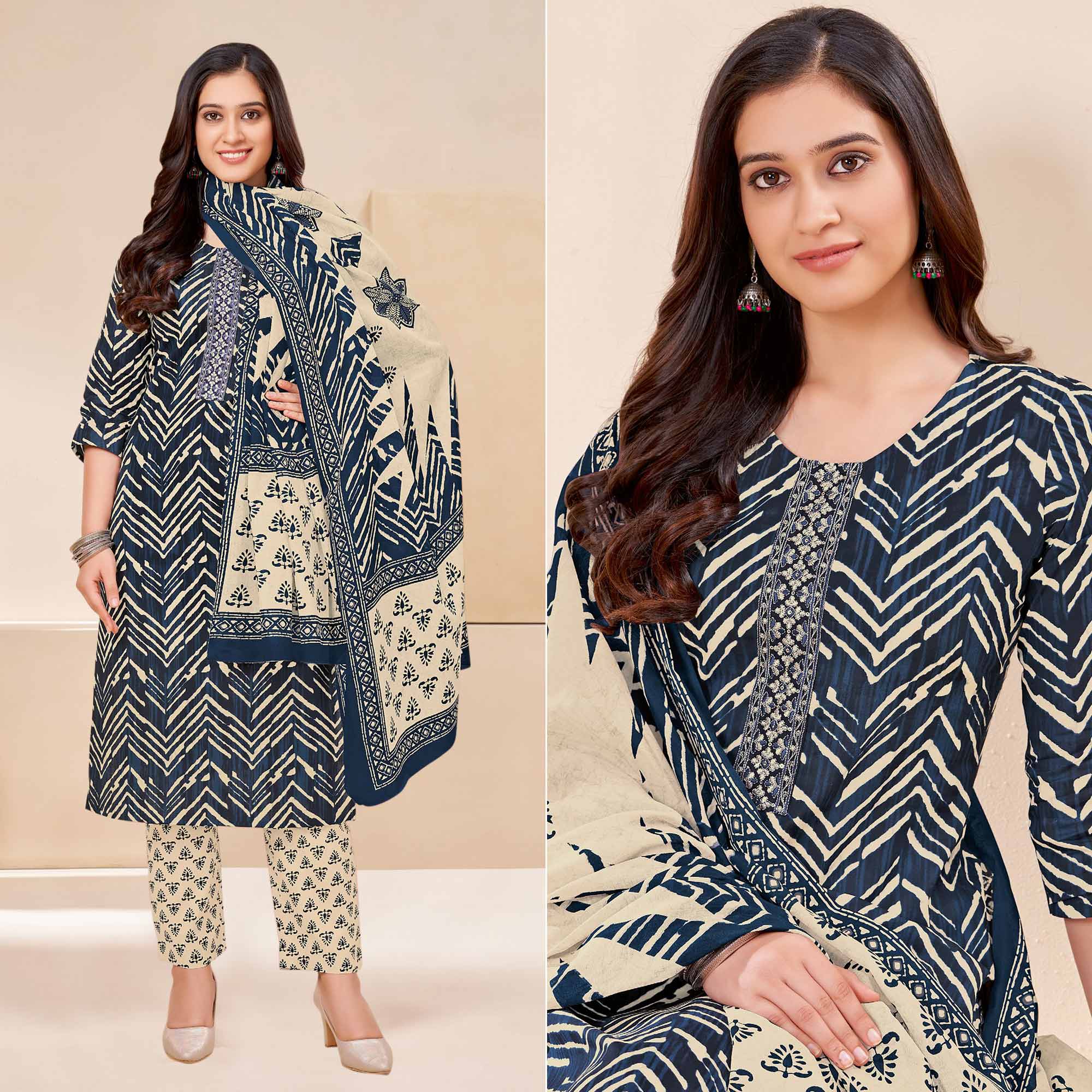 Blue Printed With Tie Embroidered Pure Cotton Suit