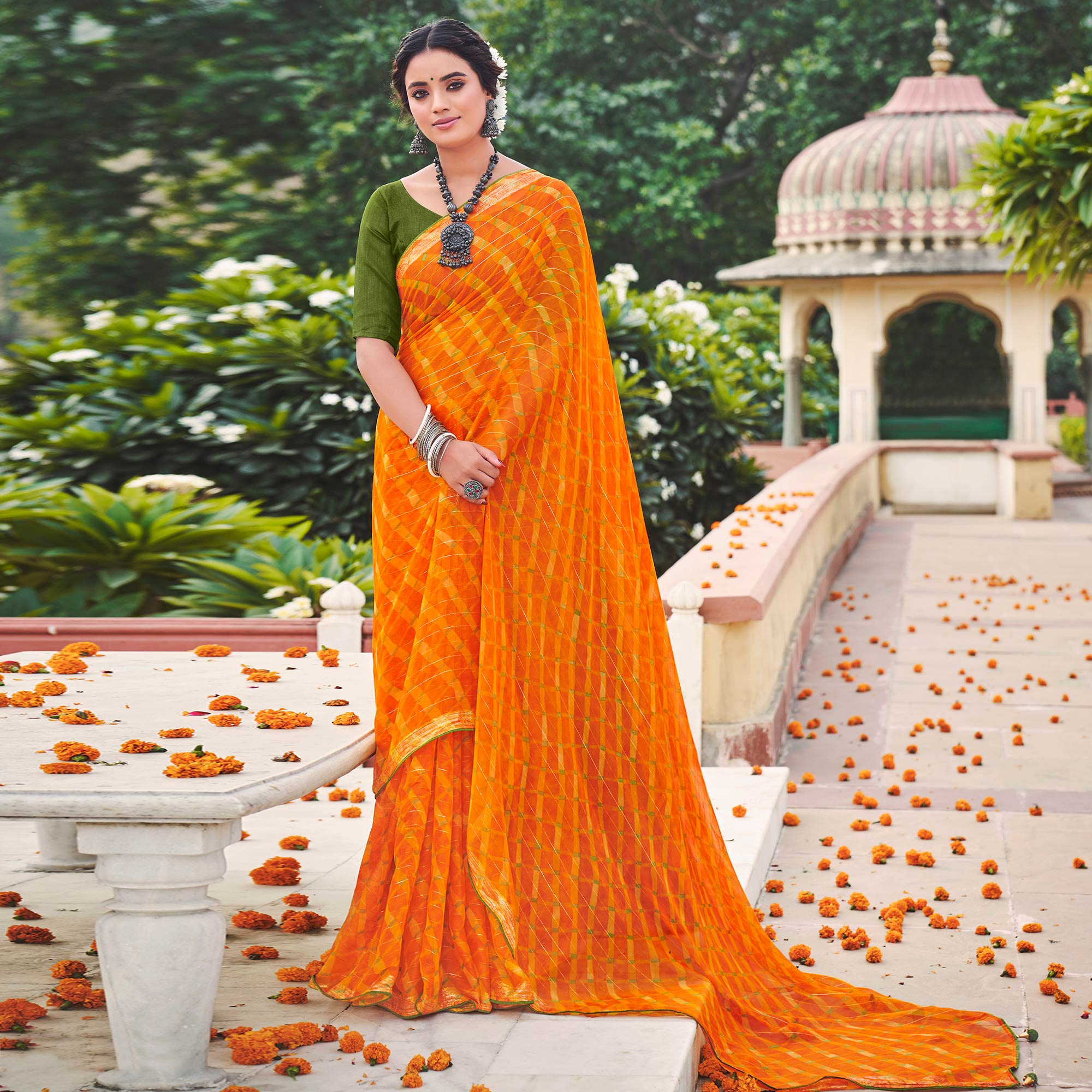 Orange Printed Chiffon Saree