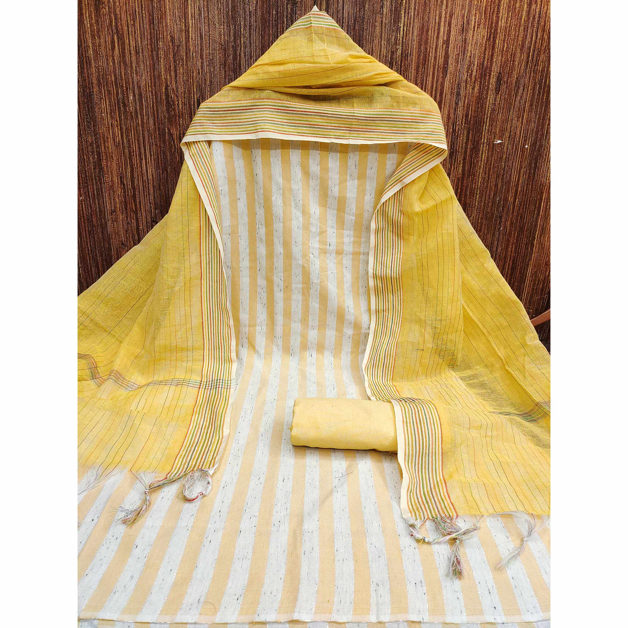 Yellow Striped Printed With Woven Cotton Blend Dress Material