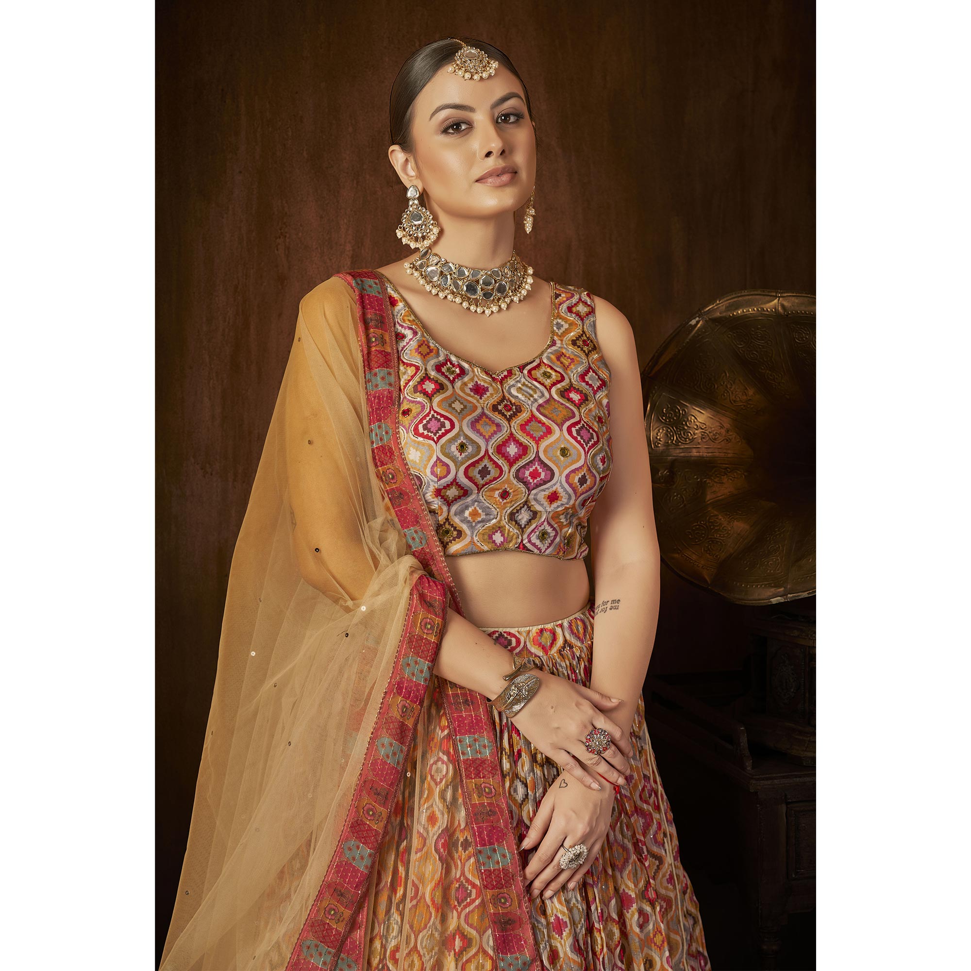 Beige Printed With Sequins Work Georgette Lehenga Choli