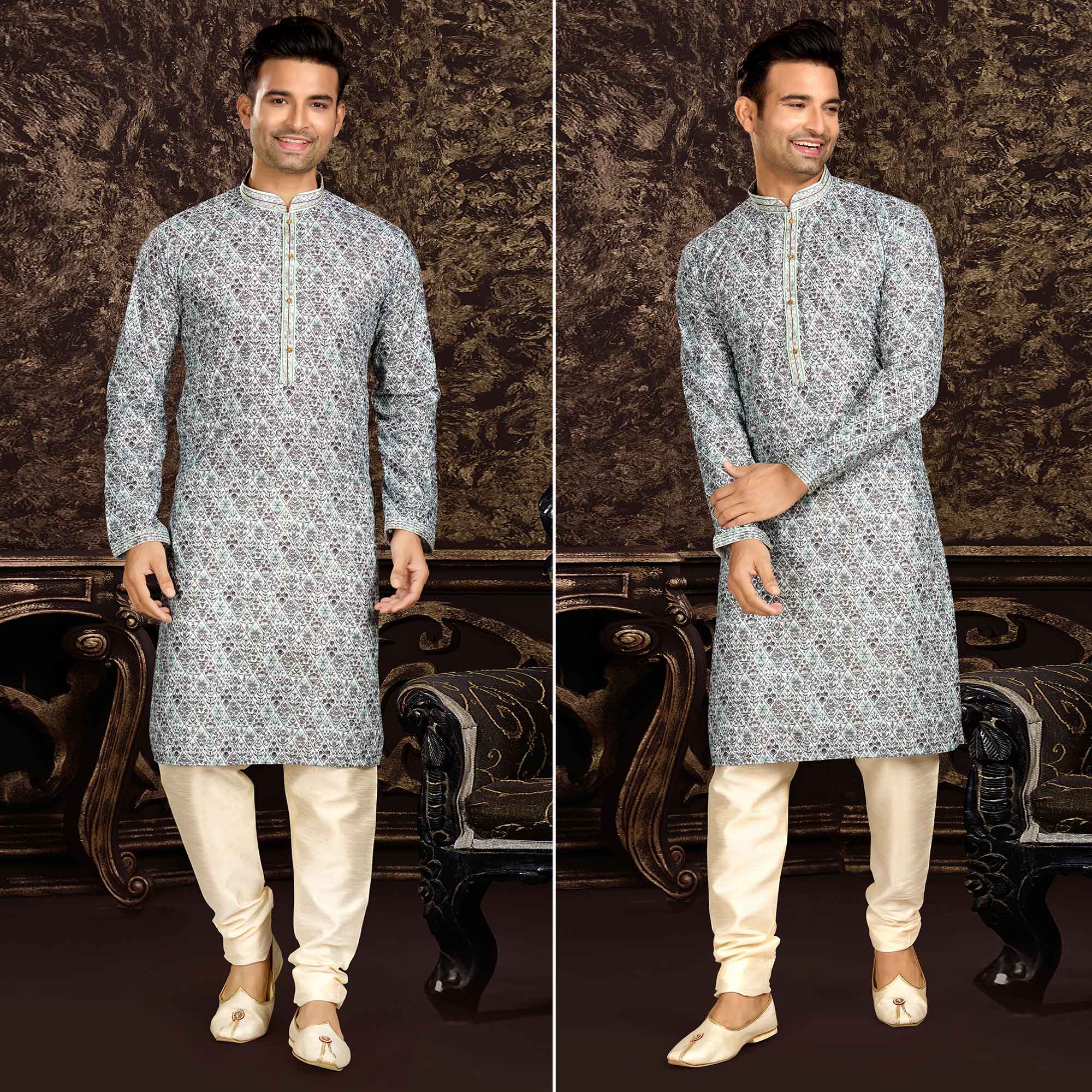 Grey Lucknowi And Digital Printed Cotton Kurta Pyjama Set