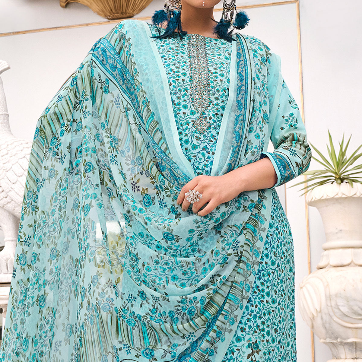 Blue Printed With Embroidered Pure Cotton Salwar Suit