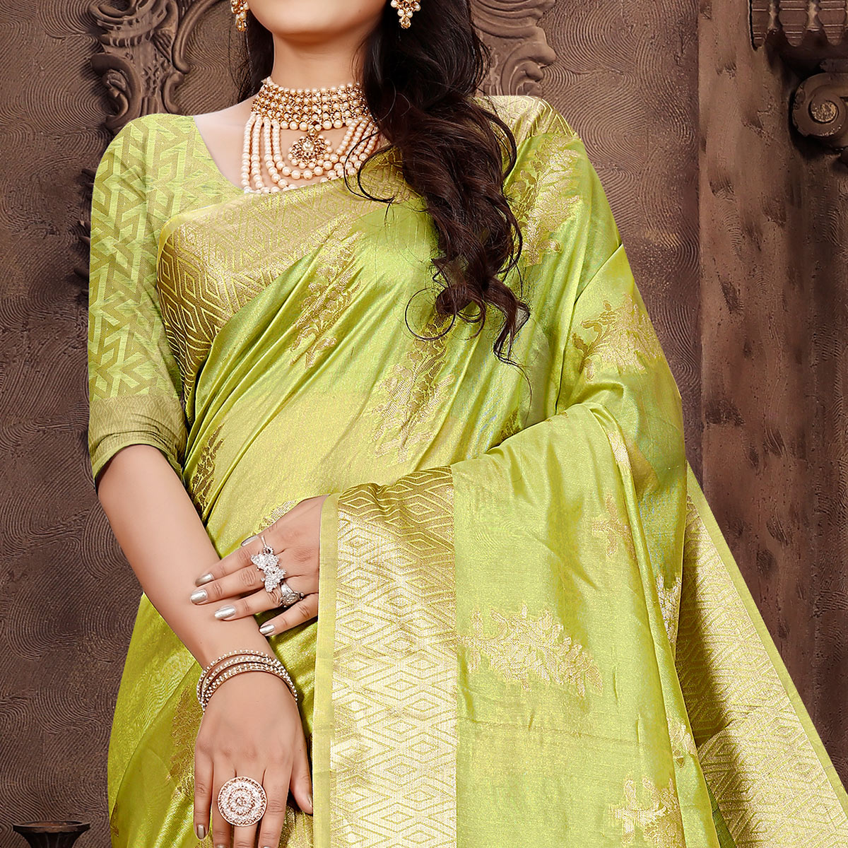 Green Floral Woven Organza Saree