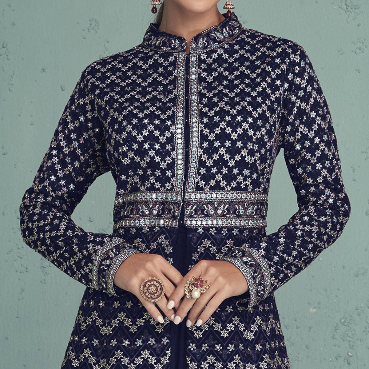 Blue Floral Embroidered Georgette Front Slit Suit