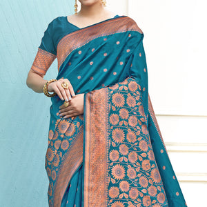 Blue Floral Woven Art Silk Saree