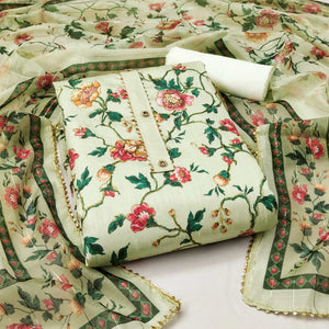 Green Floral Printed Banglori Silk Dress Material