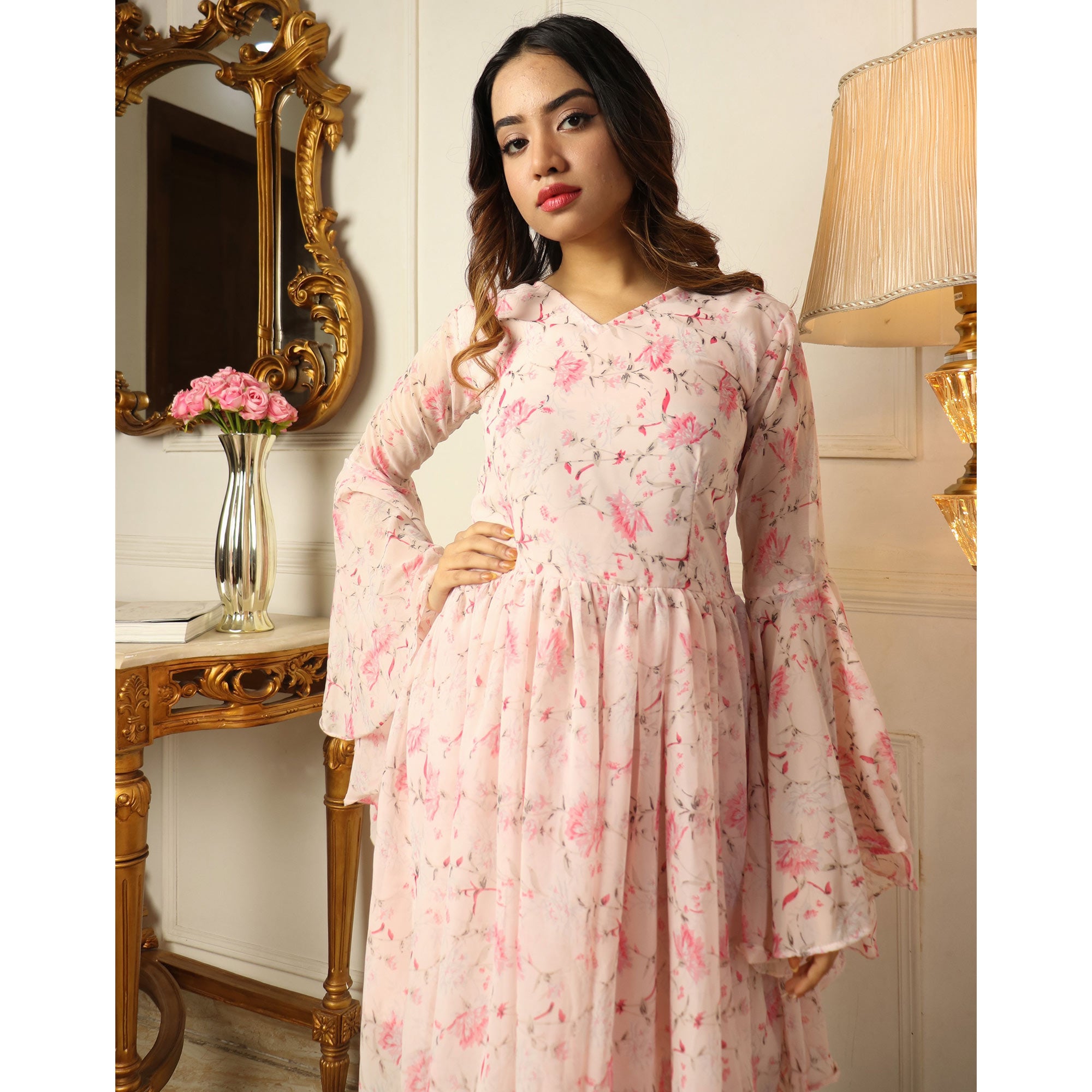Light Pink Floral Printed Georgette Dress