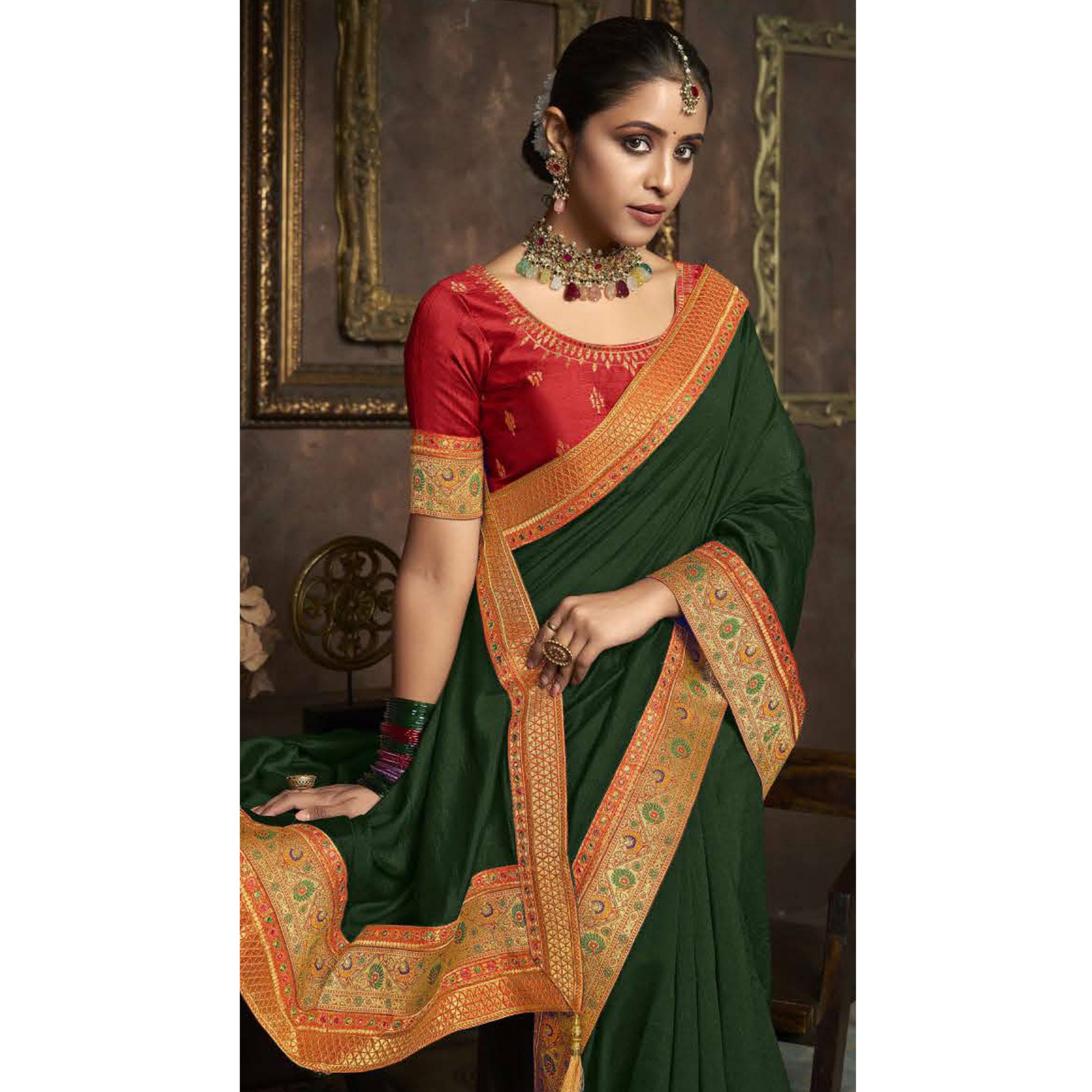Green Solid With Woven Border Vichitra Silk Saree
