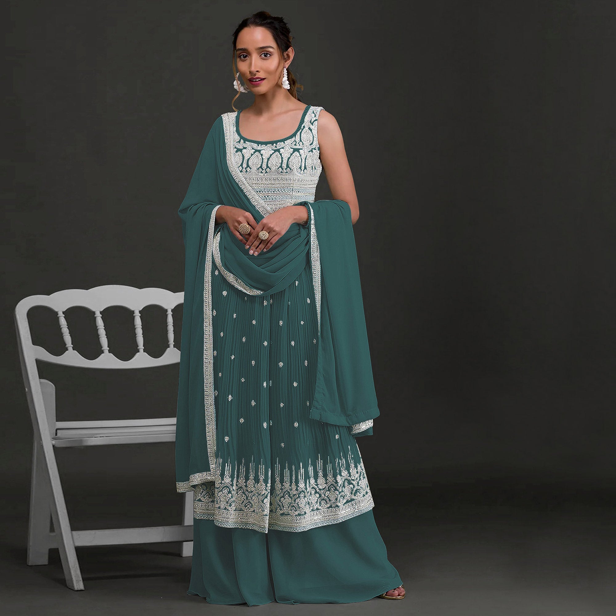 Rama Green Embroidered Georgette Naira Cut Semi Stitched Palazzo Suit