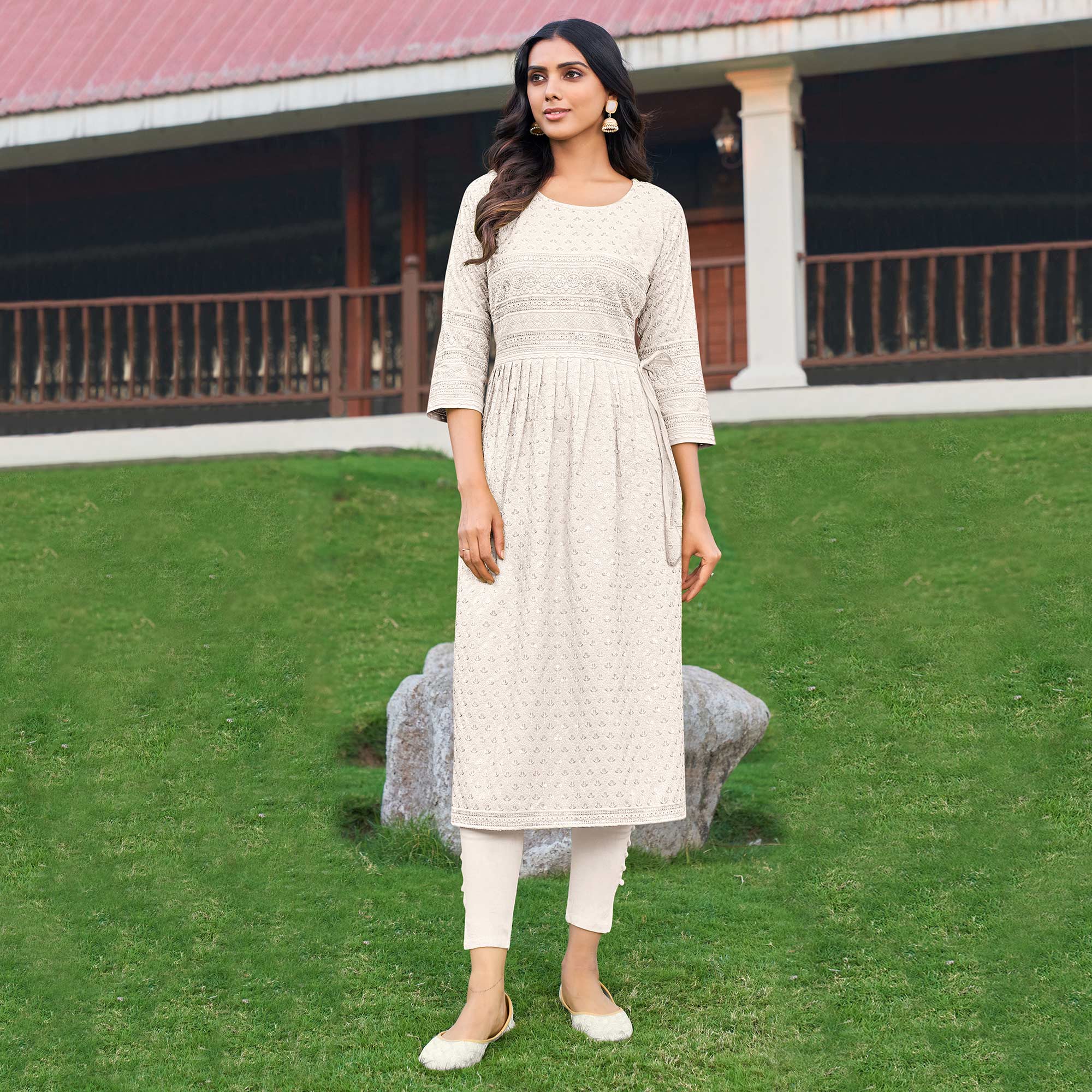 White Sequins Embroidered Rayon Naira Cut Kurti