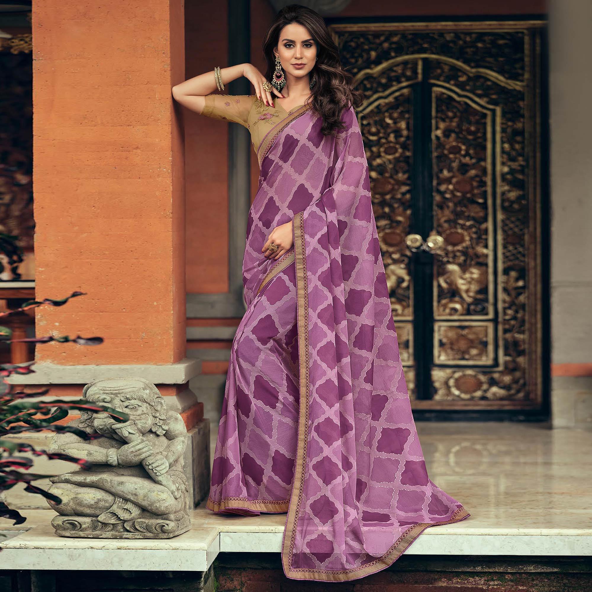 Purple Foil Printed Chiffon Saree
