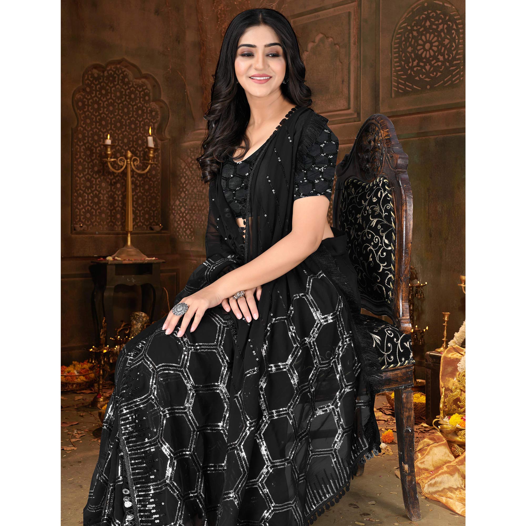 Black Sequins Embroidered Georgette Saree