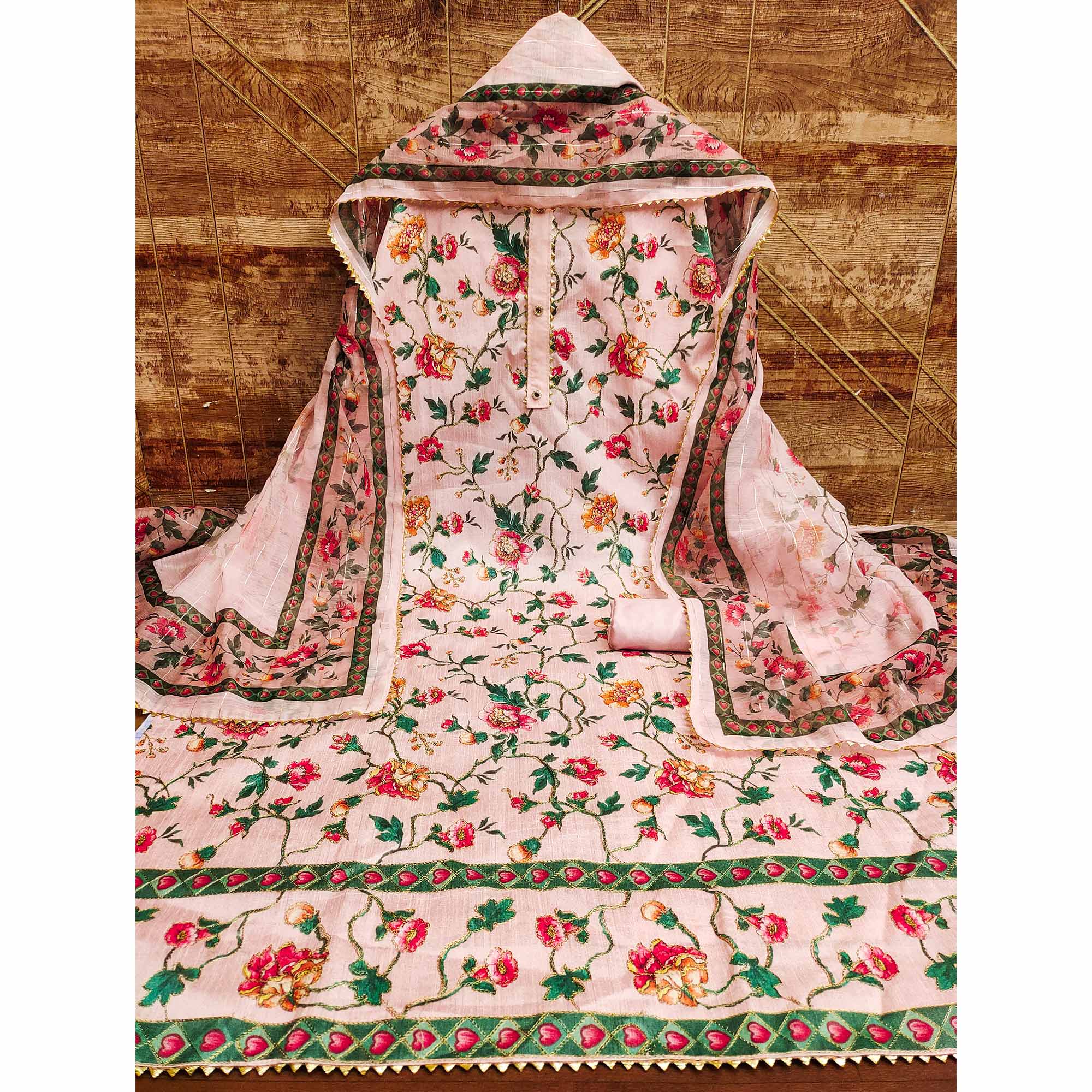 Pink Floral Printed Banglori Silk Dress Material