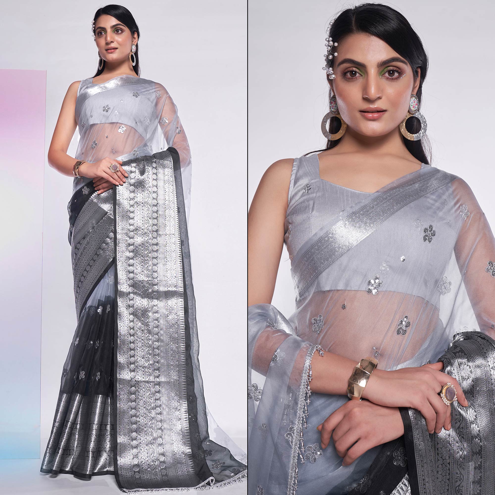 Black & Grey Sequins Embroidered Organza Saree