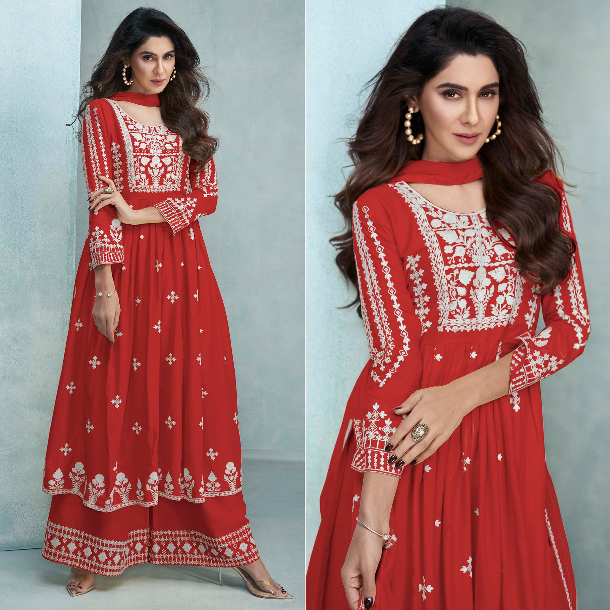 Red Lucknowi Embroidered Rayon Palazzo Suit